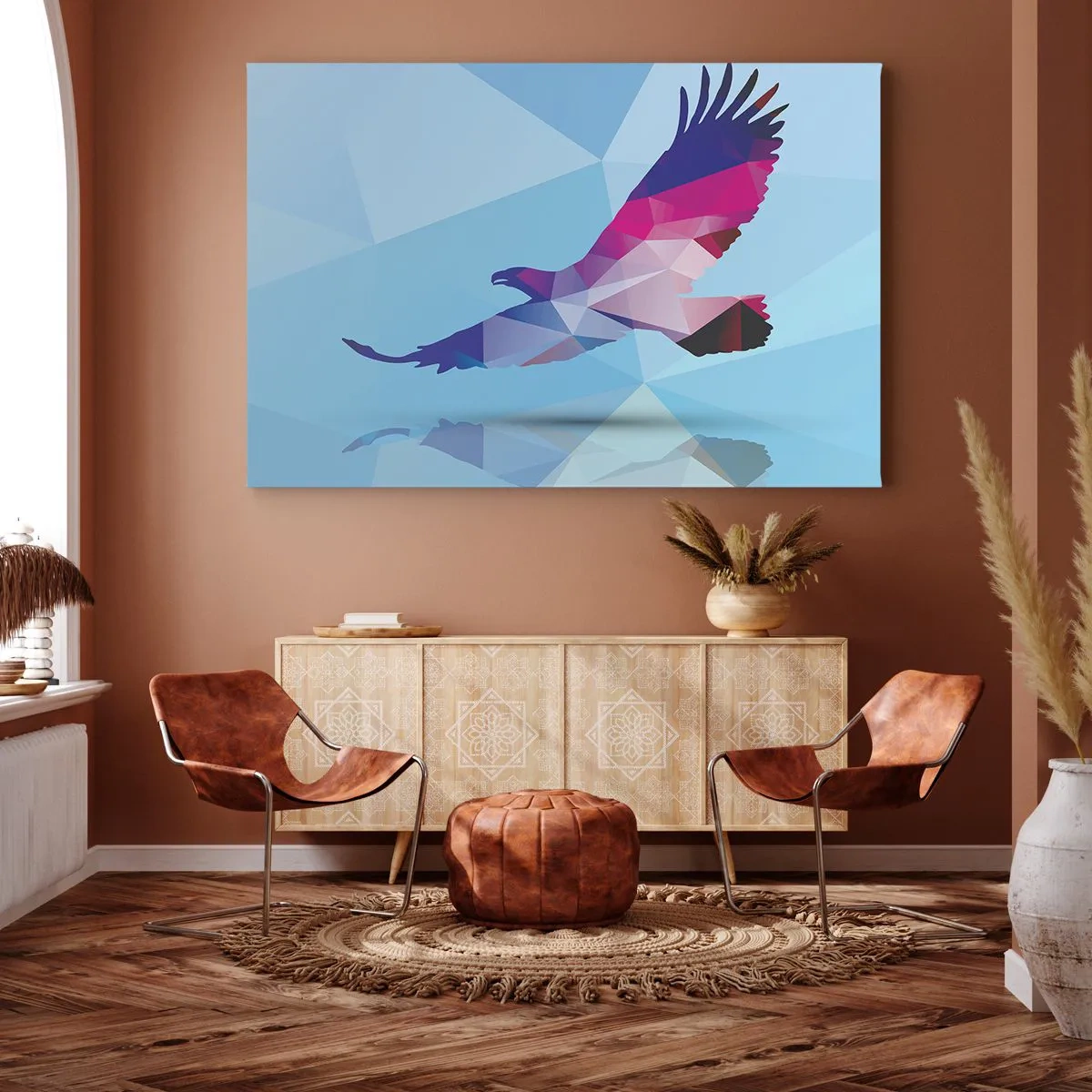 Cuadro sobre lienzo - Impresión de Imagen - Silueta geométrica de un águila en vuelo sobre un fondo azul. - 70x50cm - Águila en cristal lila - Decoración de pared moderna para salón y dormitorio ARTTOR