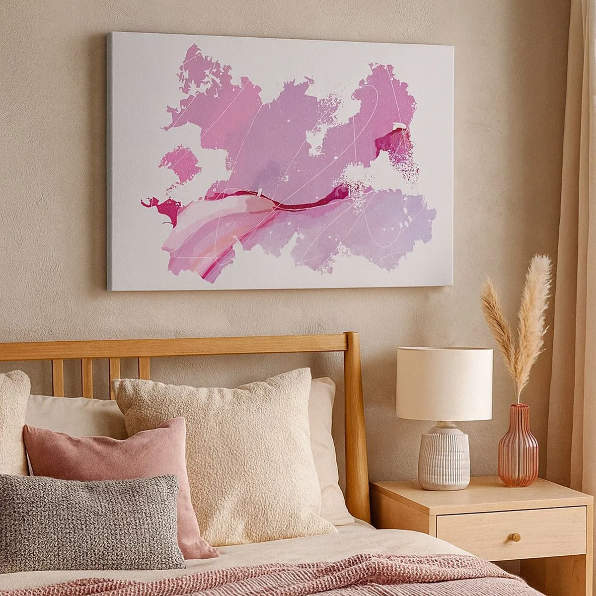 Cuadro sobre lienzo - Impresión de Imagen - Mapa del mundo abstracto en tonos rosa - 70x50cm - Mapa de un mundo rosa - Decoración de pared moderna para salón y dormitorio ARTTOR