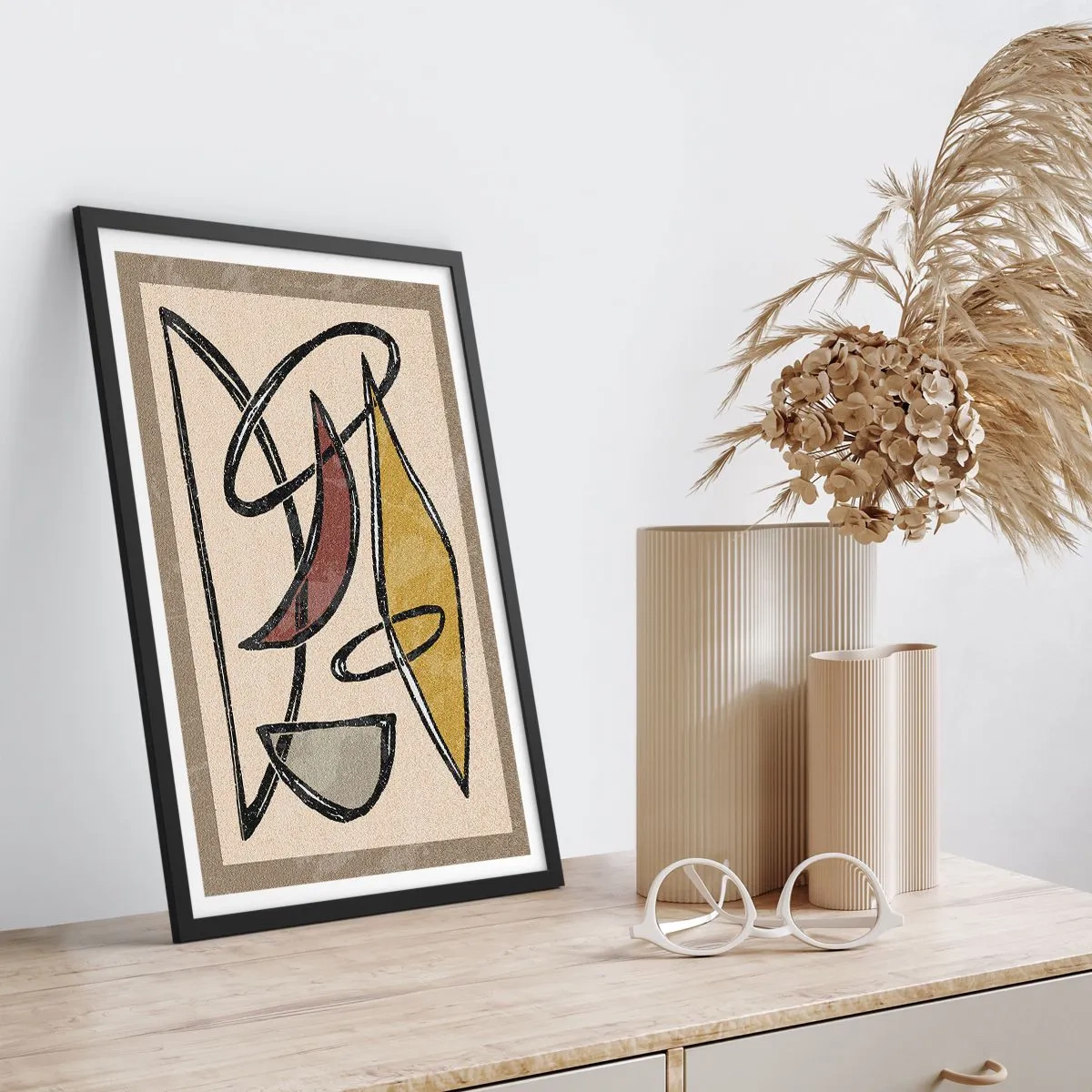 Póster en marco negro - Abstracción geométrica en tonos beige y marrón. - 50x70cm - Verticales y niveles - Decoración de pared moderna para salón y dormitorio ARTTOR