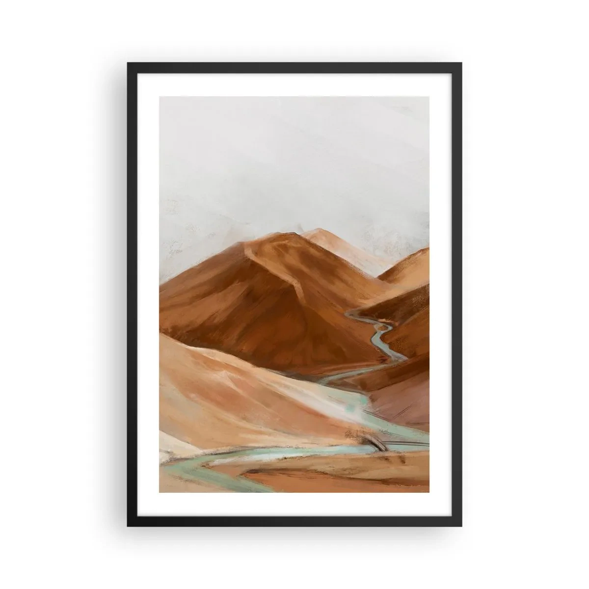 Póster en marco negro - Un río que fluye a través de montañas marrones, un paisaje estilizado. - 50x70cm - Ruta hacia la fuente - Decoración de pared moderna para salón y dormitorio ARTTOR