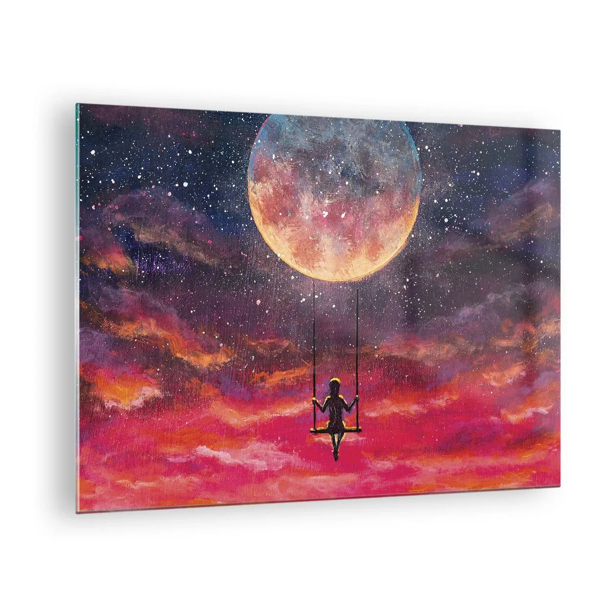 Cuadro sobre vidrio - Impresiones sobre Vidrio - Una niña en un columpio suspendido bajo la luna. - 70x50cm - Disfrutar de las nubes - Decoración de pared moderna para salón y dormitorio ARTTOR