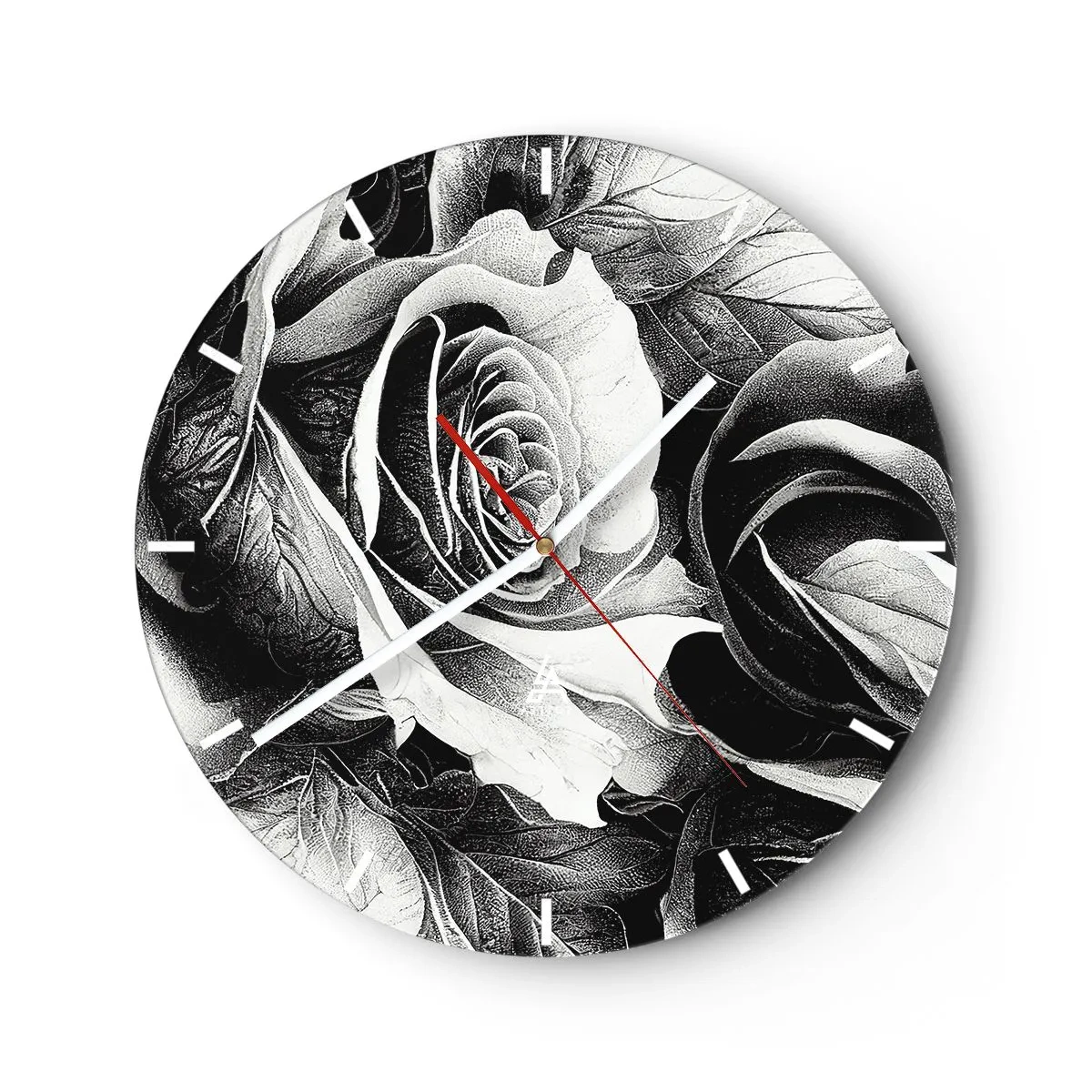 Reloj de pared - Reloj de vidrio - Ilustración de rosa en blanco y negro en un estilo de dibujo clásico. - 30x30cm - Siempre como una reina - Decoración de pared moderna para salón, cocina y dormitorio ARTTOR