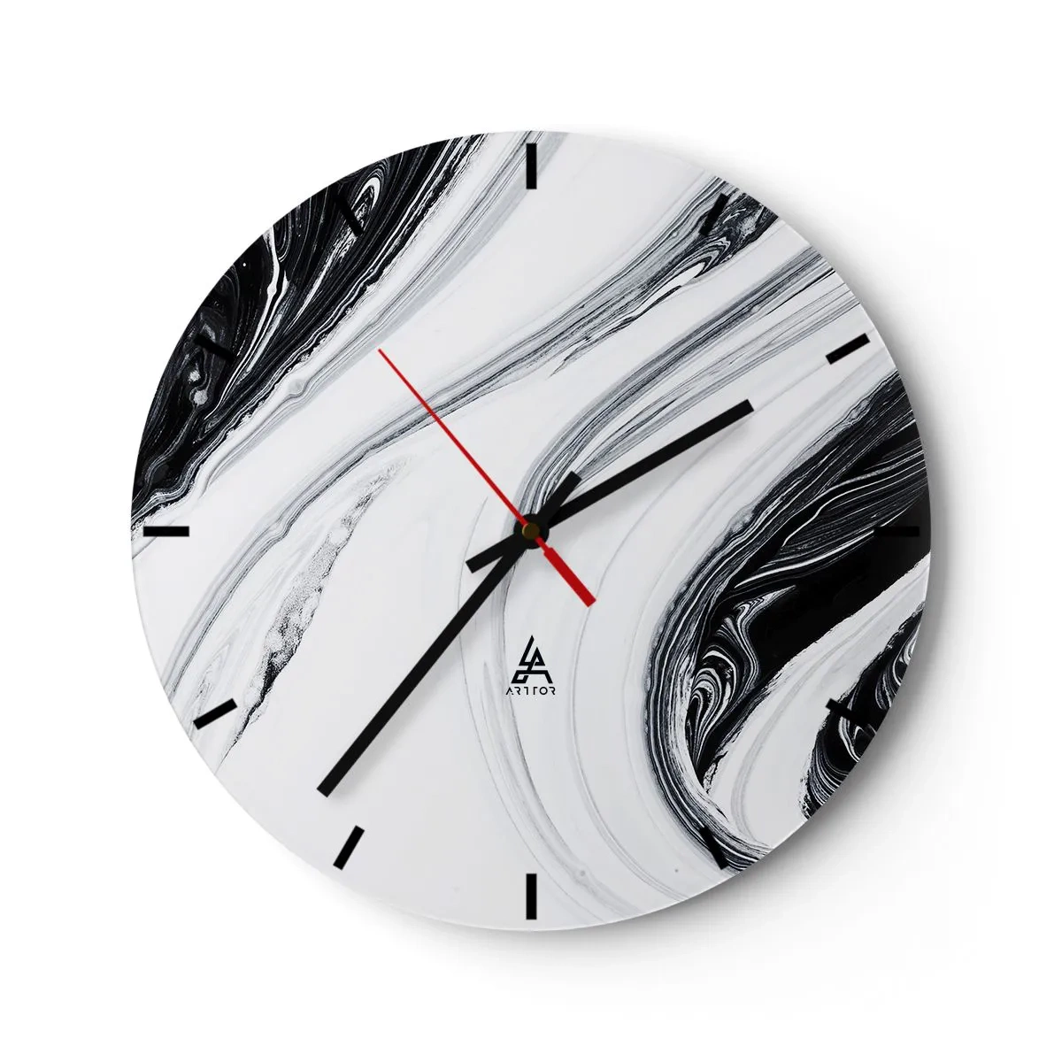 Reloj de pared - Reloj de vidrio - Las líneas abstractas en blanco y negro crean un patrón fluido y contrastante. - 30x30cm - Combinando opuestos - Decoración de pared moderna para salón, cocina y dormitorio ARTTOR