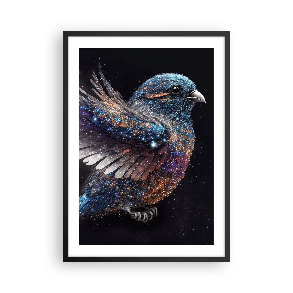 Póster en marco negro - Un pájaro espacial con plumaje de estrella sobre un fondo negro. - 50x70cm - Gorrión de diamante - Decoración de pared moderna para salón y dormitorio ARTTOR