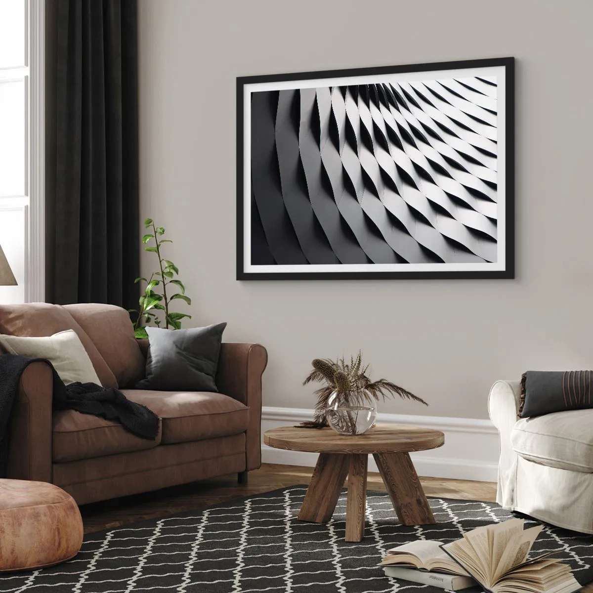 Póster en marco negro - Patrón geométrico abstracto en tonos blanco y negro. - 70x50cm - En la superficie de las ondas - Decoración de pared moderna para salón y dormitorio ARTTOR