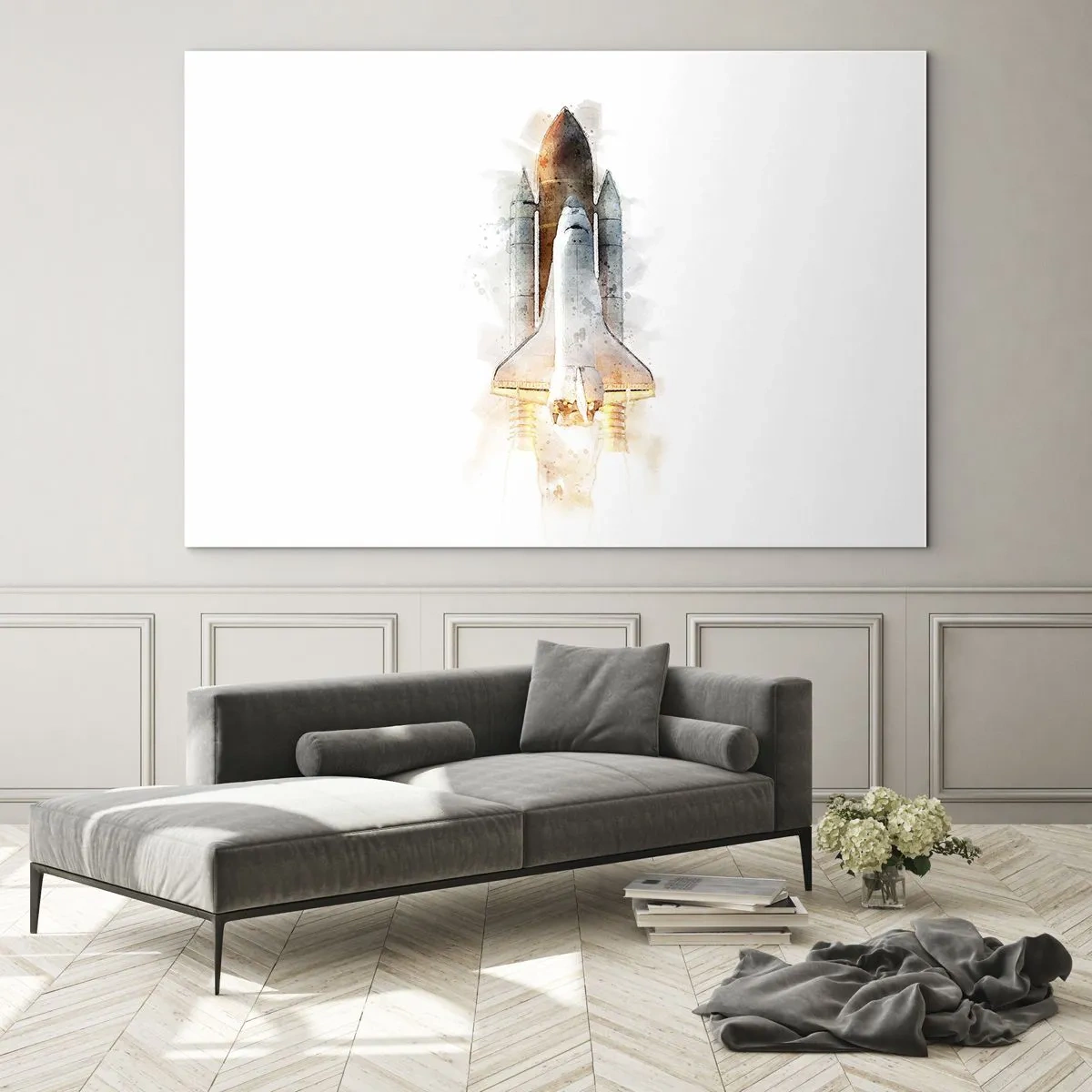 Cuadro sobre vidrio - Impresiones sobre Vidrio - Un transbordador espacial despegando en estilo acuarela sobre un fondo blanco. - 70x50cm - El comienzo de la exploración - Decoración de pared moderna para salón y dormitorio ARTTOR
