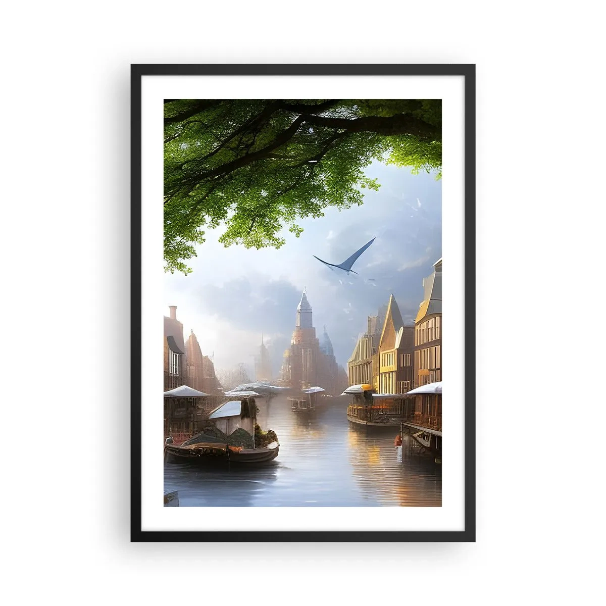 Póster en marco negro - Vista pintoresca del canal con arquitectura histórica. - 50x70cm - Paisaje urbano holandés - Decoración de pared moderna para salón y dormitorio ARTTOR