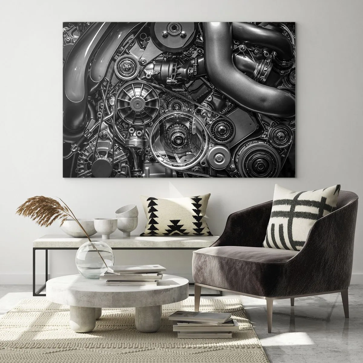 Cuadro sobre vidrio - Impresiones sobre Vidrio - Detalle de un motor en blanco y negro con mecanismos visibles. - 70x50cm - La poesía de la mecánica - Decoración de pared moderna para salón y dormitorio ARTTOR
