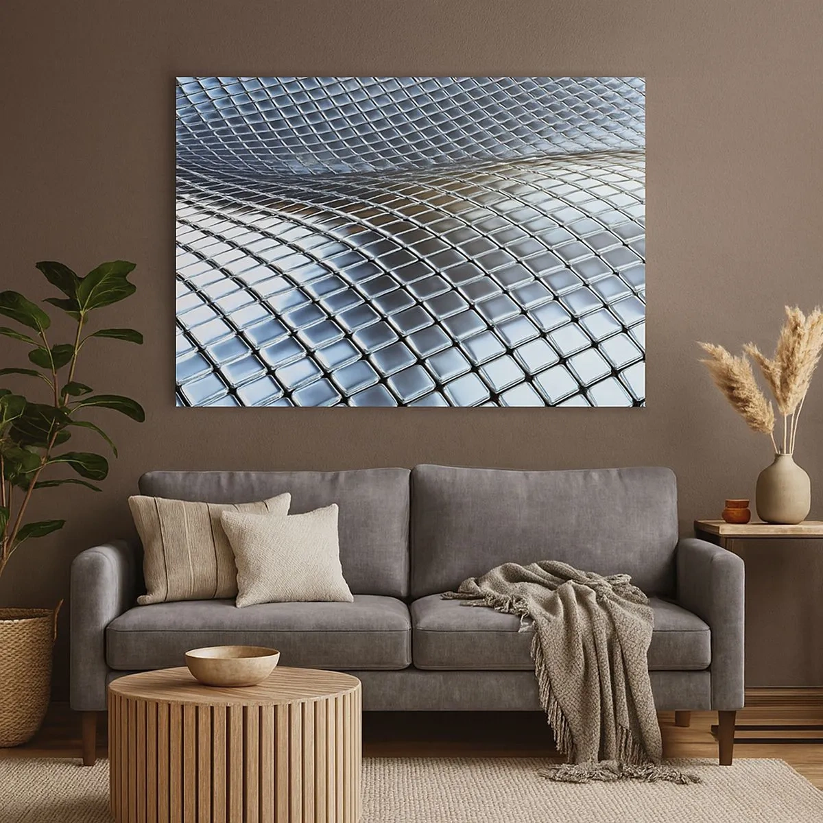 Cuadro sobre lienzo - Impresión de Imagen - Estructura moderna de cuadrados metálicos. - 70x50cm - Ola de plata - Decoración de pared moderna para salón y dormitorio ARTTOR