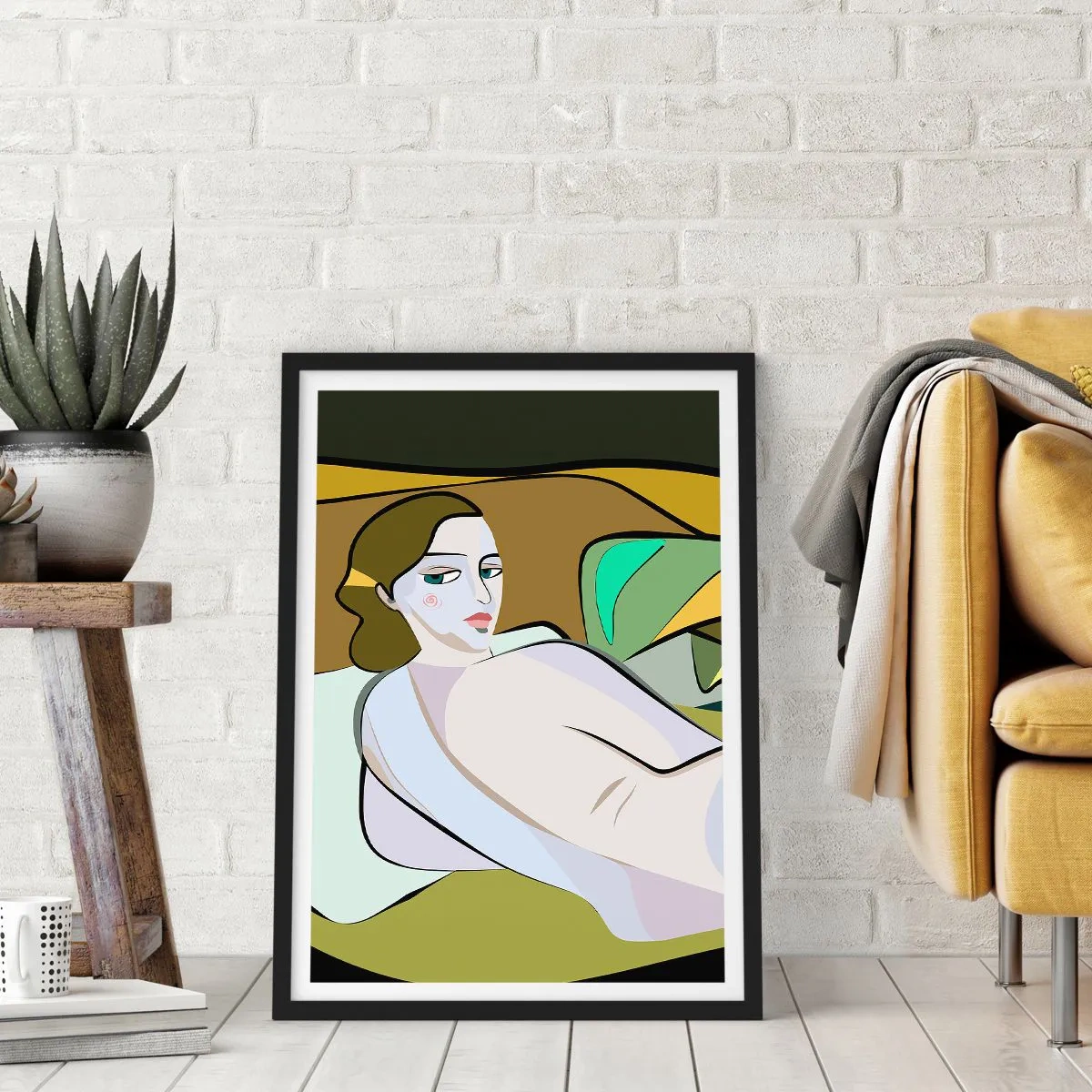 Póster en marco negro - Una mujer en estilo abstracto sobre un fondo verde y marrón. - 50x70cm - Retrato íntimo - Decoración de pared moderna para salón y dormitorio ARTTOR
