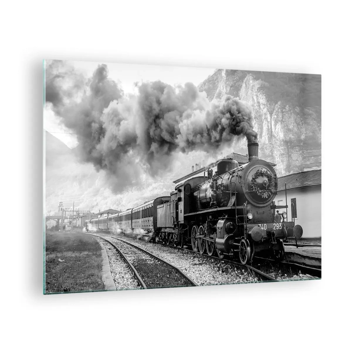 Cuadro sobre vidrio - Impresiones sobre Vidrio - Un antiguo tren de vapor en un paisaje montañoso. - 70x50cm - Rumbo a la estación... - Decoración de pared moderna para salón y dormitorio ARTTOR