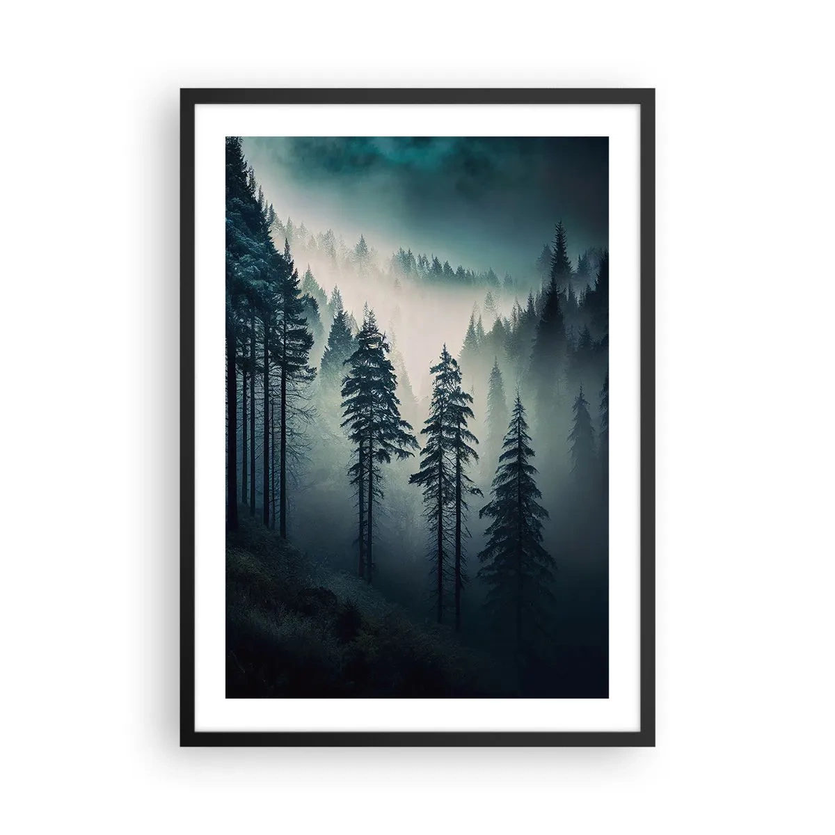Póster en marco negro - Un bosque oscuro envuelto en niebla. - 50x70cm - Mañana de montaña - Decoración de pared moderna para salón y dormitorio ARTTOR