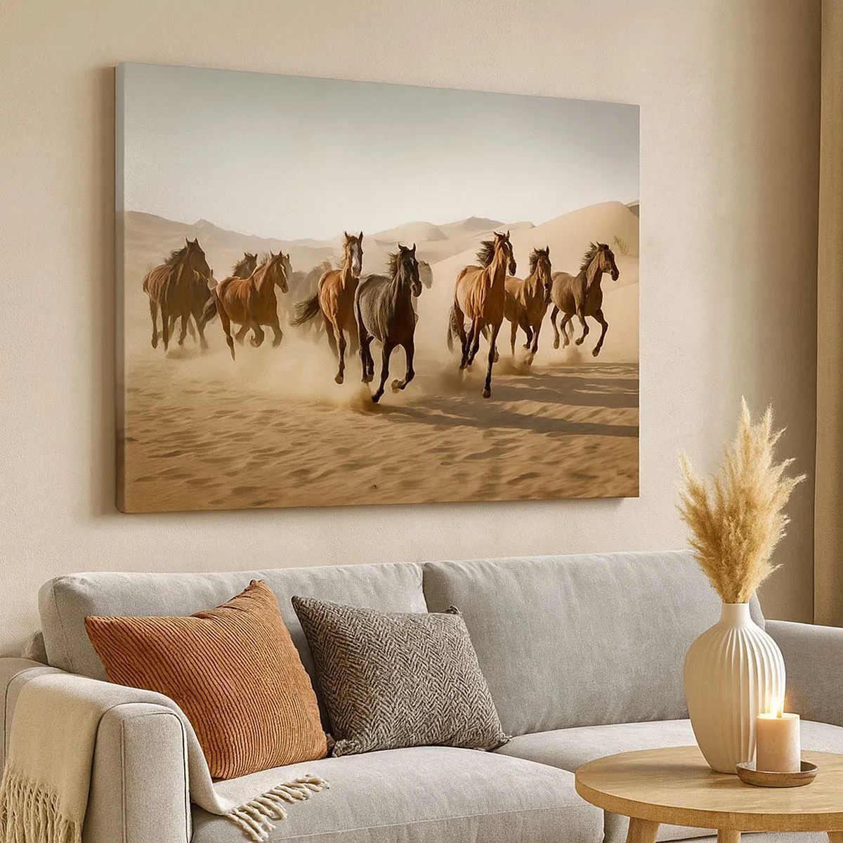 Cuadro sobre lienzo - Impresión de Imagen - Caballos al galope contra un fondo desértico - 70x50cm - Libre como el viento - Decoración de pared moderna para salón y dormitorio ARTTOR