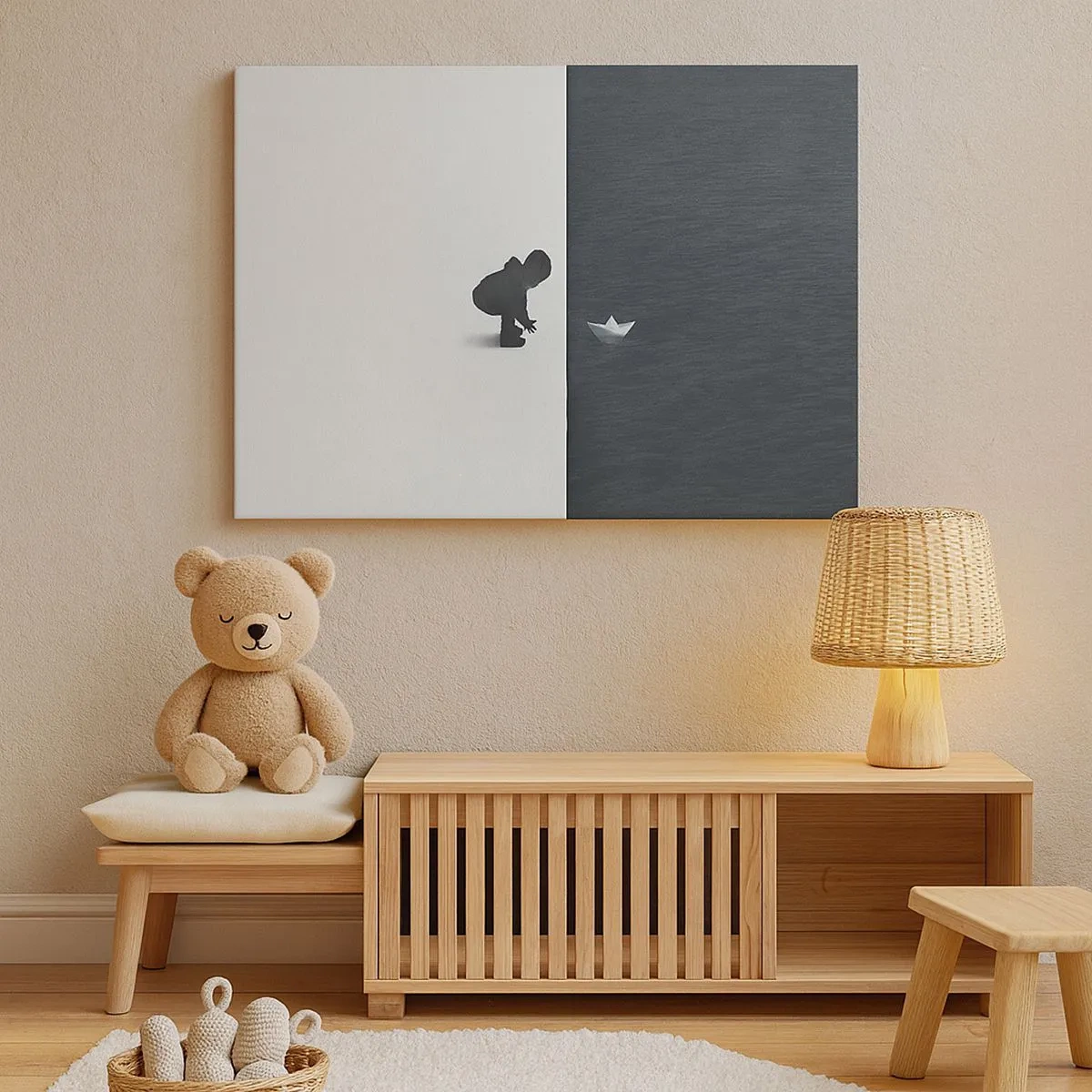 Cuadro sobre lienzo - Impresión de Imagen - Figura de un niño con un barquito de papel sobre un fondo de mitades contrastantes. - 70x50cm - Una gran expedición náutica - Decoración de pared moderna para salón y dormitorio ARTTOR