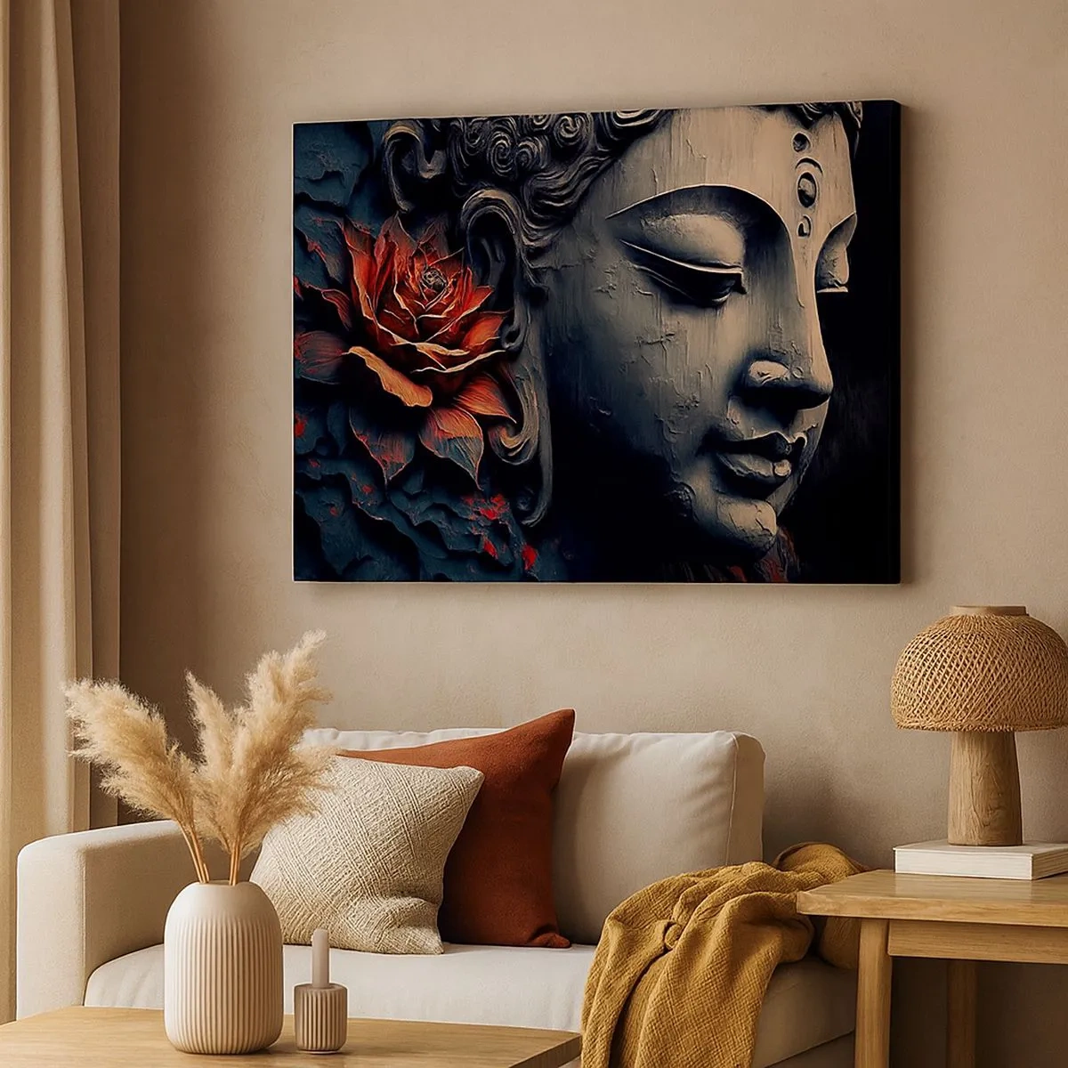 Cuadro sobre lienzo - Impresión de Imagen - Escultura de Buda con una flor de loto roja. - 70x50cm - En sintonía con el mundo - Decoración de pared moderna para salón y dormitorio ARTTOR
