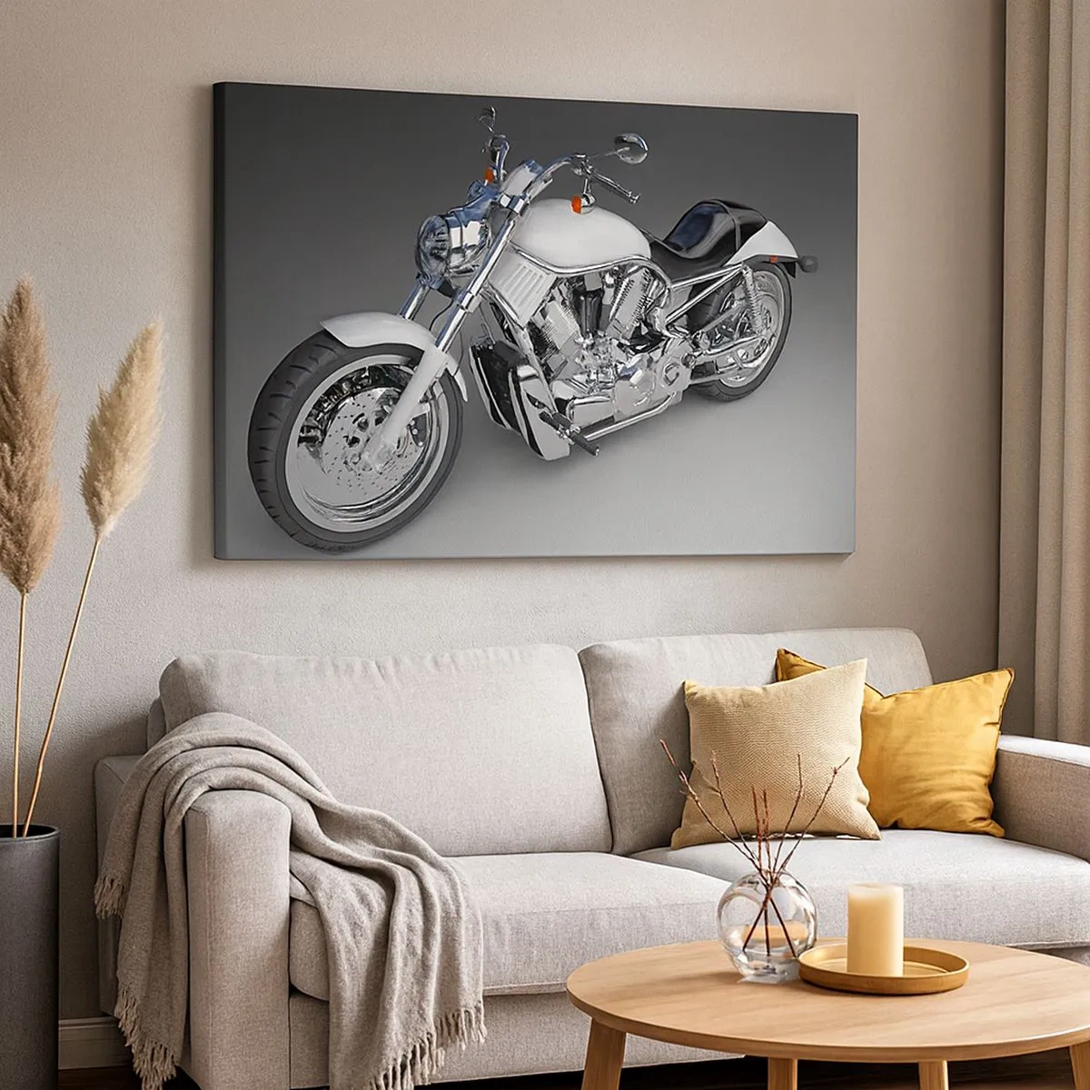 Cuadro sobre lienzo - Impresión de Imagen - Motocicleta cruiser blanca sobre fondo gris - 70x50cm - Solo puedes arrodillarte - Decoración de pared moderna para salón y dormitorio ARTTOR
