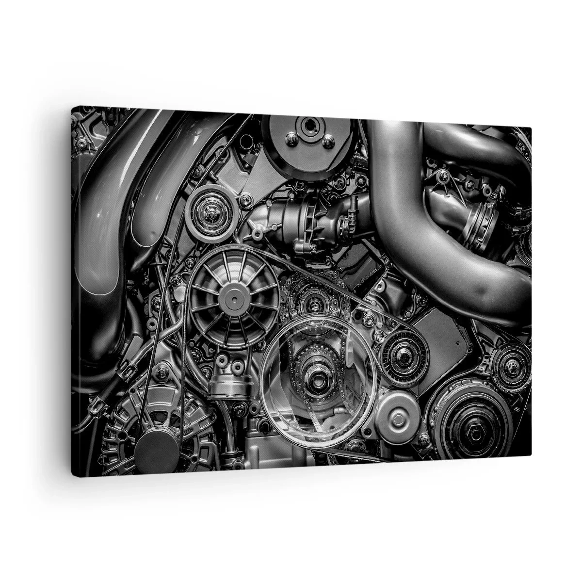 Cuadro sobre lienzo - Impresión de Imagen - Primer plano en blanco y negro de los detalles mecánicos de un motor de automóvil. - 70x50cm - La poesía de la mecánica - Decoración de pared moderna para salón y dormitorio ARTTOR