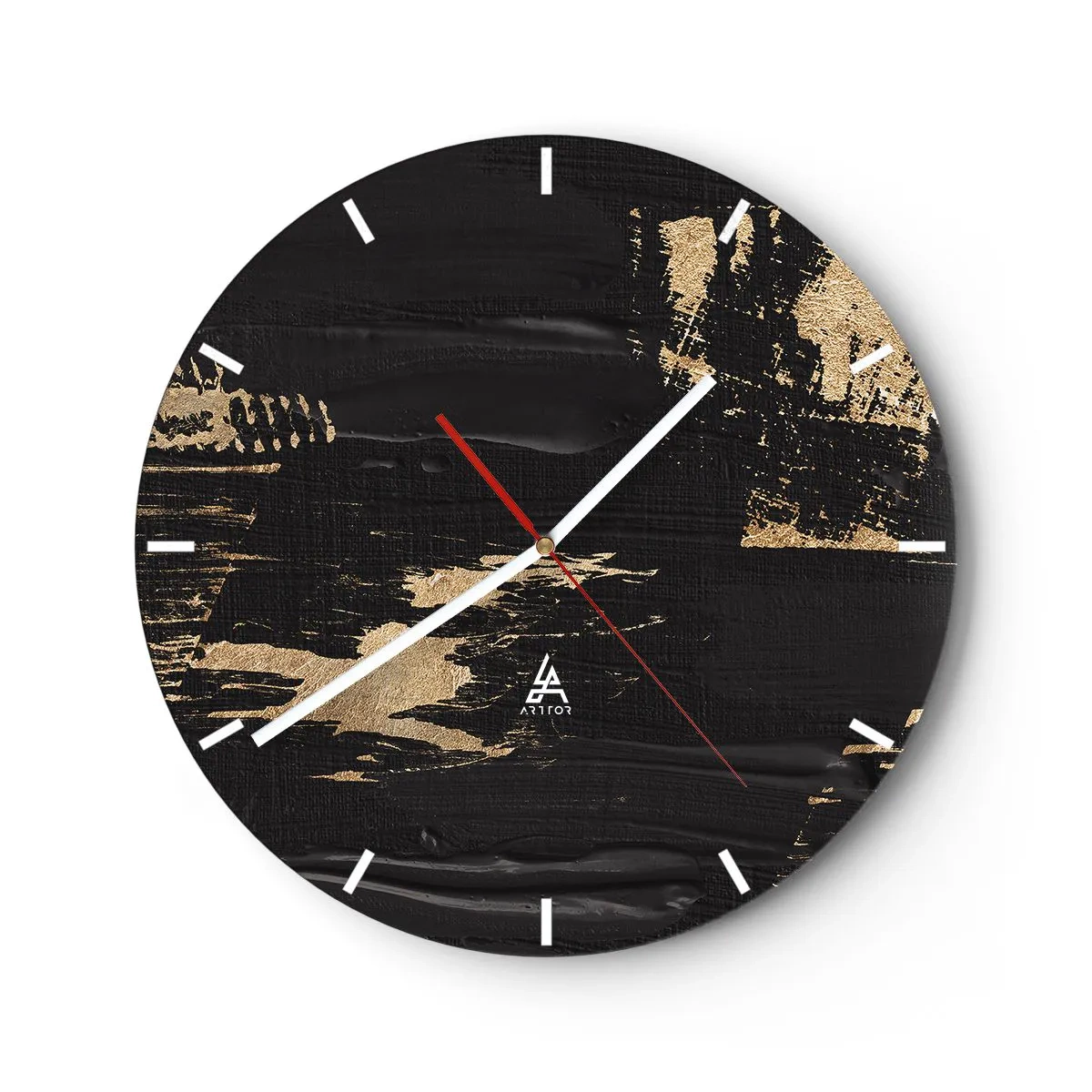 Reloj de pared - Reloj de vidrio - Fondo negro con trazos dinámicos de pintura dorada. - 30x30cm - Un rastro de tacto - Decoración de pared moderna para salón, cocina y dormitorio ARTTOR