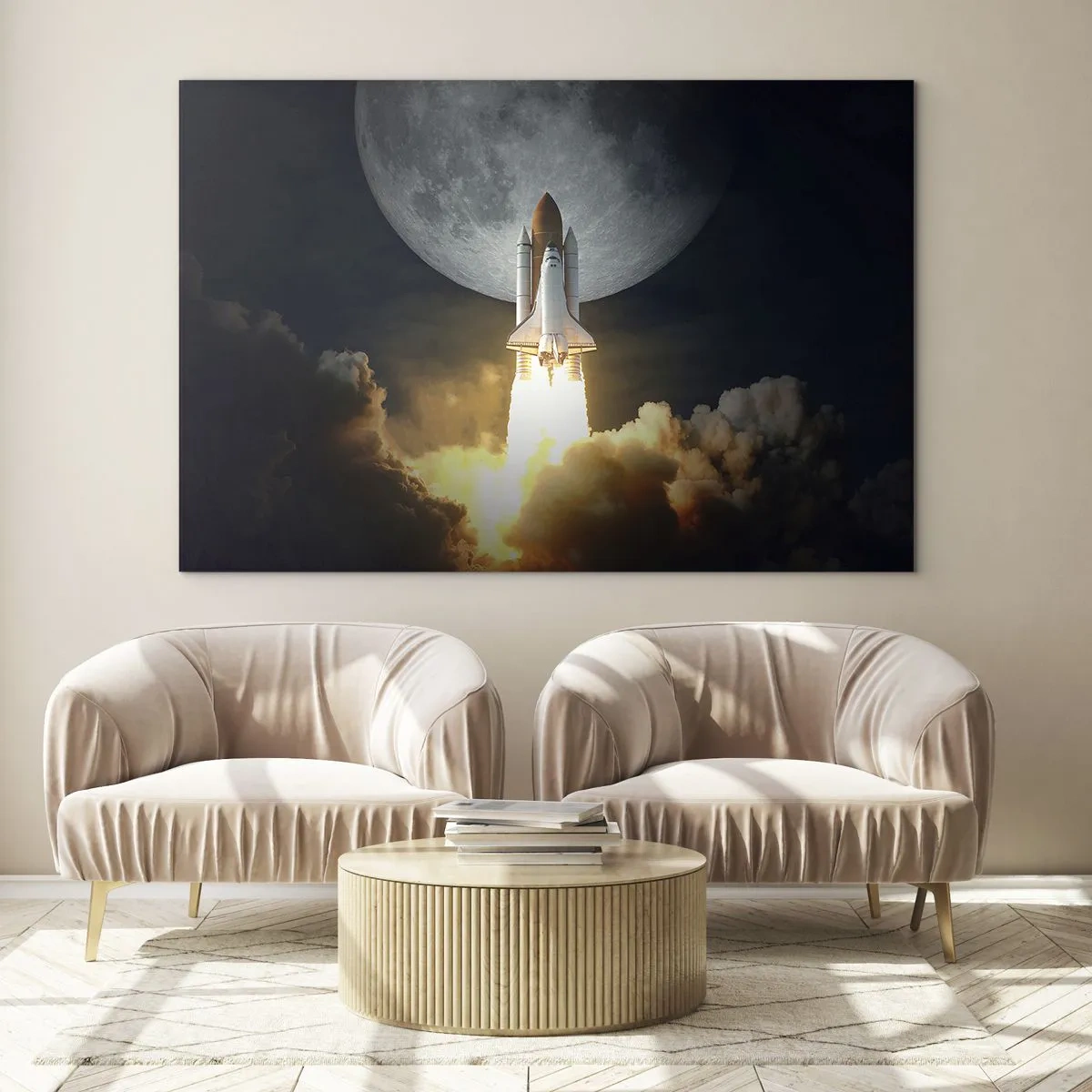 Cuadro sobre vidrio - Impresiones sobre Vidrio - Un lanzamiento de un cohete espacial con la luna y el cielo nocturno como telón de fondo. - 70x50cm - El comienzo de una aventura sobrenatural - Decoración de pared moderna para salón y dormitorio ARTTOR