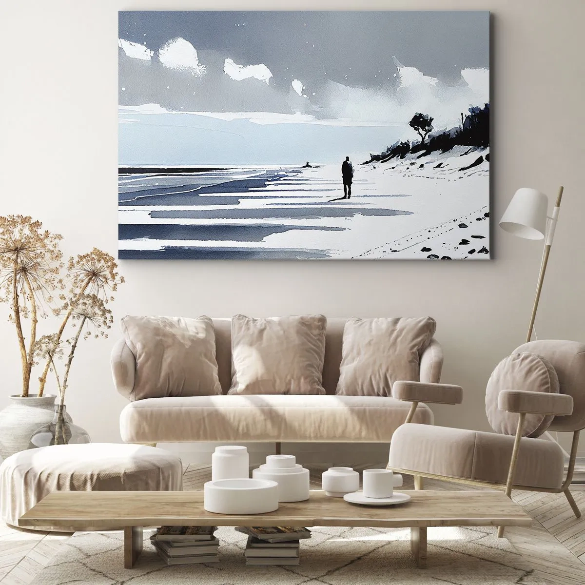 Cuadro sobre lienzo - Impresión de Imagen - Una figura solitaria caminando por una playa vacía - 70x50cm - Solo conmigo mismo - Decoración de pared moderna para salón y dormitorio ARTTOR