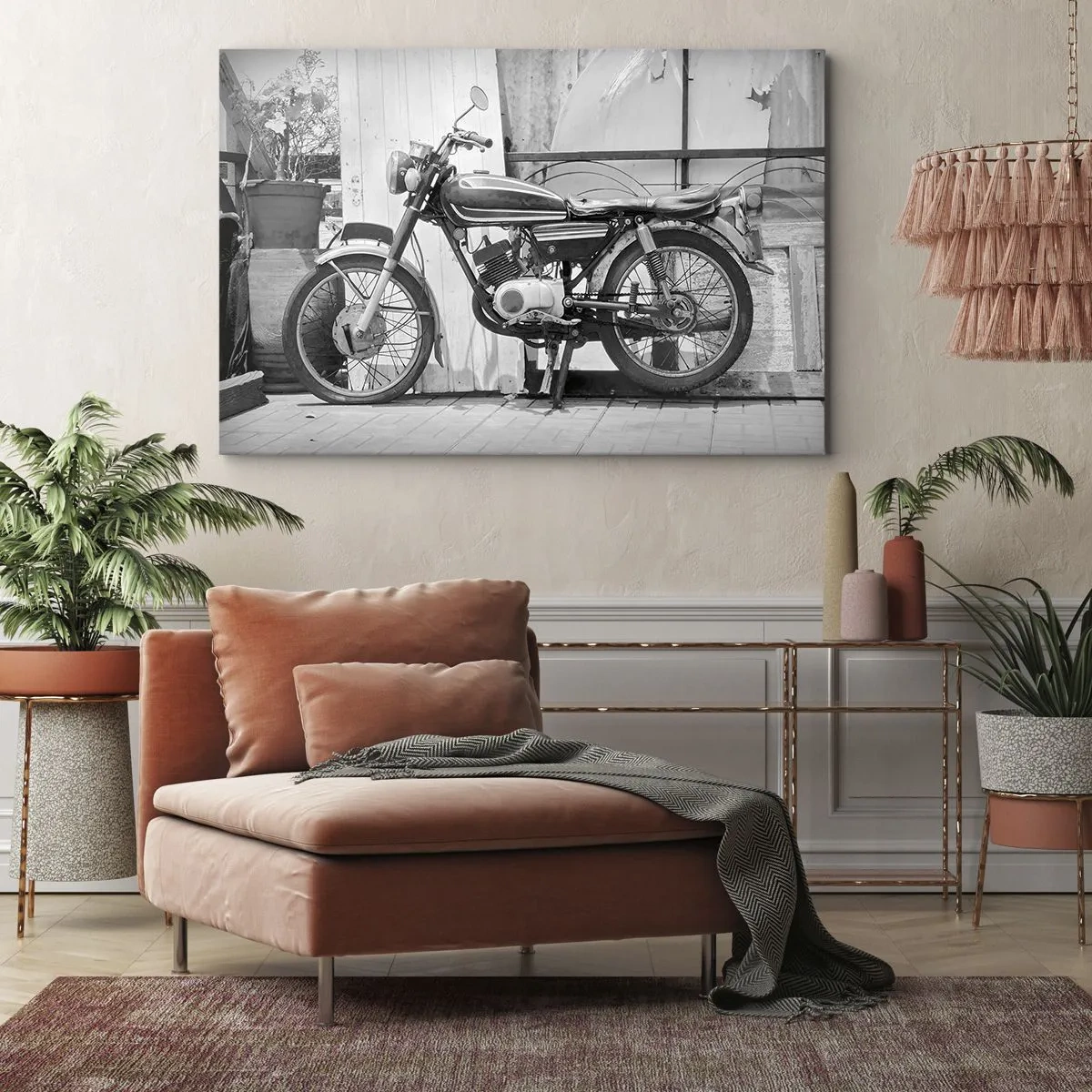 Cuadro sobre lienzo - Impresión de Imagen - Fotografía en blanco y negro de una motocicleta clásica. - 70x50cm - Los clásicos por encima de todo - Decoración de pared moderna para salón y dormitorio ARTTOR