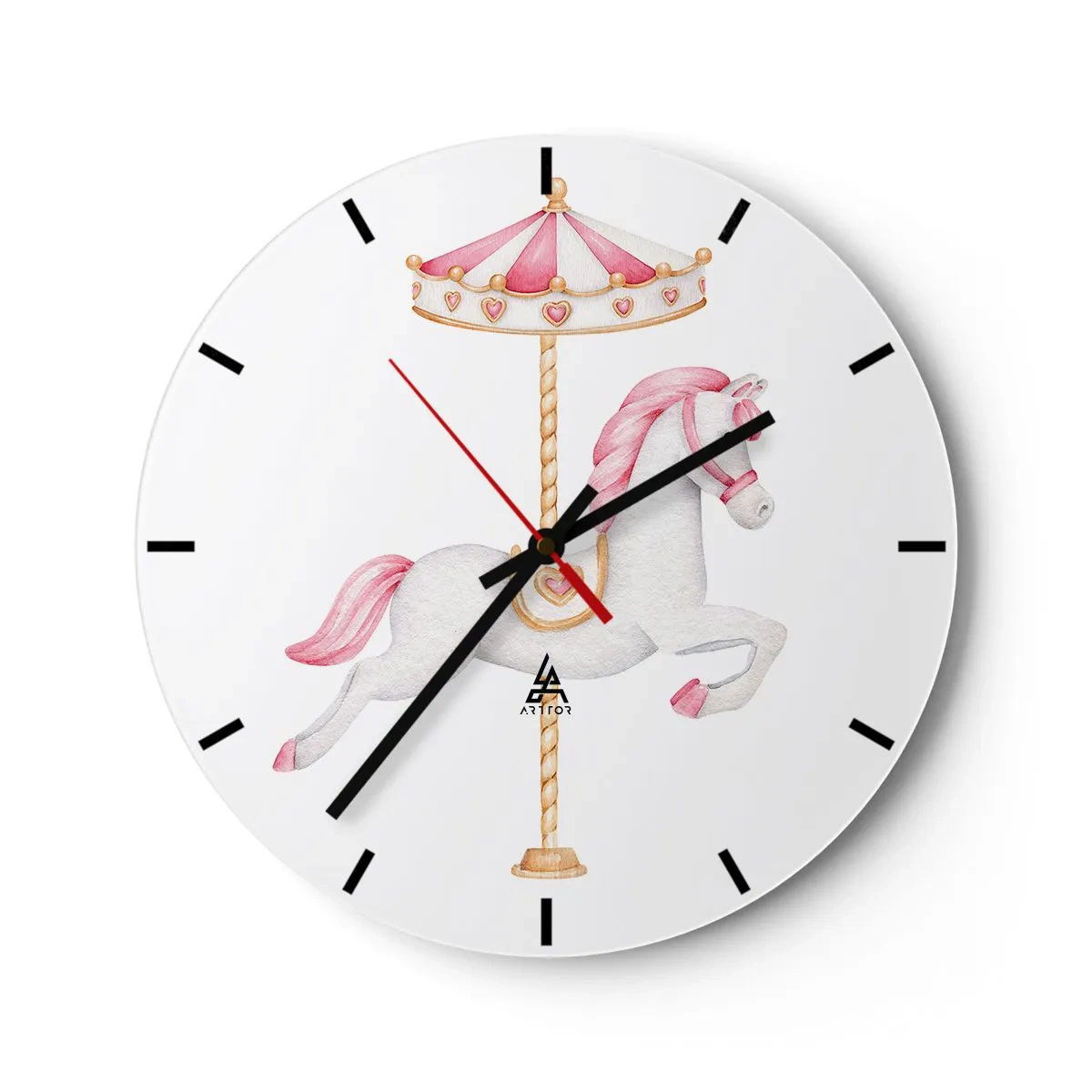 Reloj de pared - Reloj de vidrio - Un caballo de carrusel blanco con una silla de montar rosa sobre un fondo blanco. - 30x30cm - Partió al galope - Decoración de pared moderna para salón, cocina y dormitorio ARTTOR