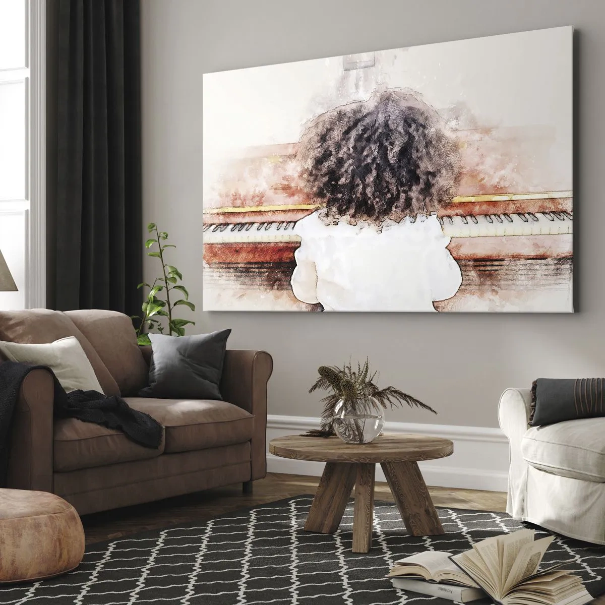 Cuadro sobre lienzo - Impresión de Imagen - Una chica con cabello tupido al piano - 70x50cm - Descubriendo un mundo nuevo - Decoración de pared moderna para salón y dormitorio ARTTOR