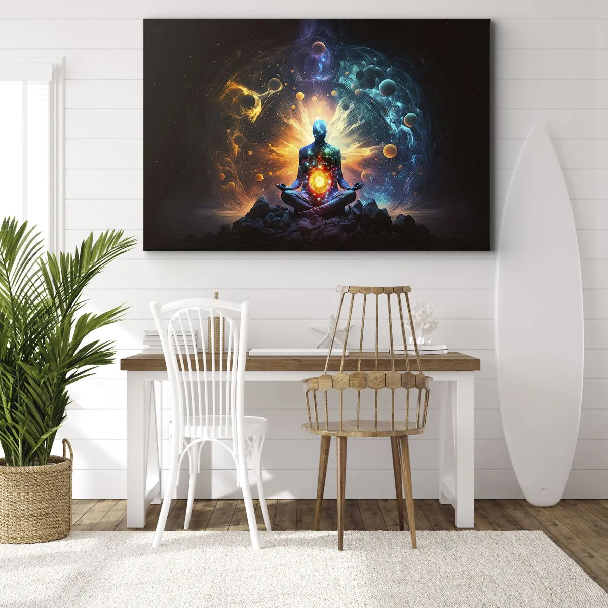 Cuadro sobre lienzo - Impresión de Imagen - Una figura en meditación rodeada de un aura cósmica. - 70x50cm - Tranquilidad cósmica - Decoración de pared moderna para salón y dormitorio ARTTOR