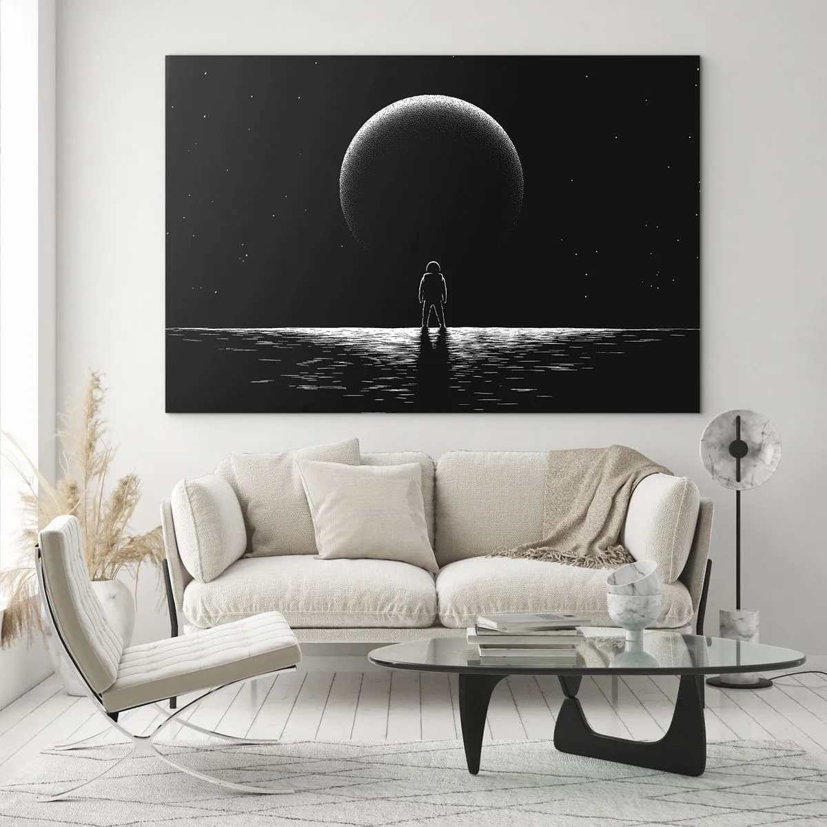 Cuadro sobre vidrio - Impresiones sobre Vidrio - Astronauta de pie frente a un planeta en blanco y negro. - 70x50cm - Cara a cara - Decoración de pared moderna para salón y dormitorio ARTTOR
