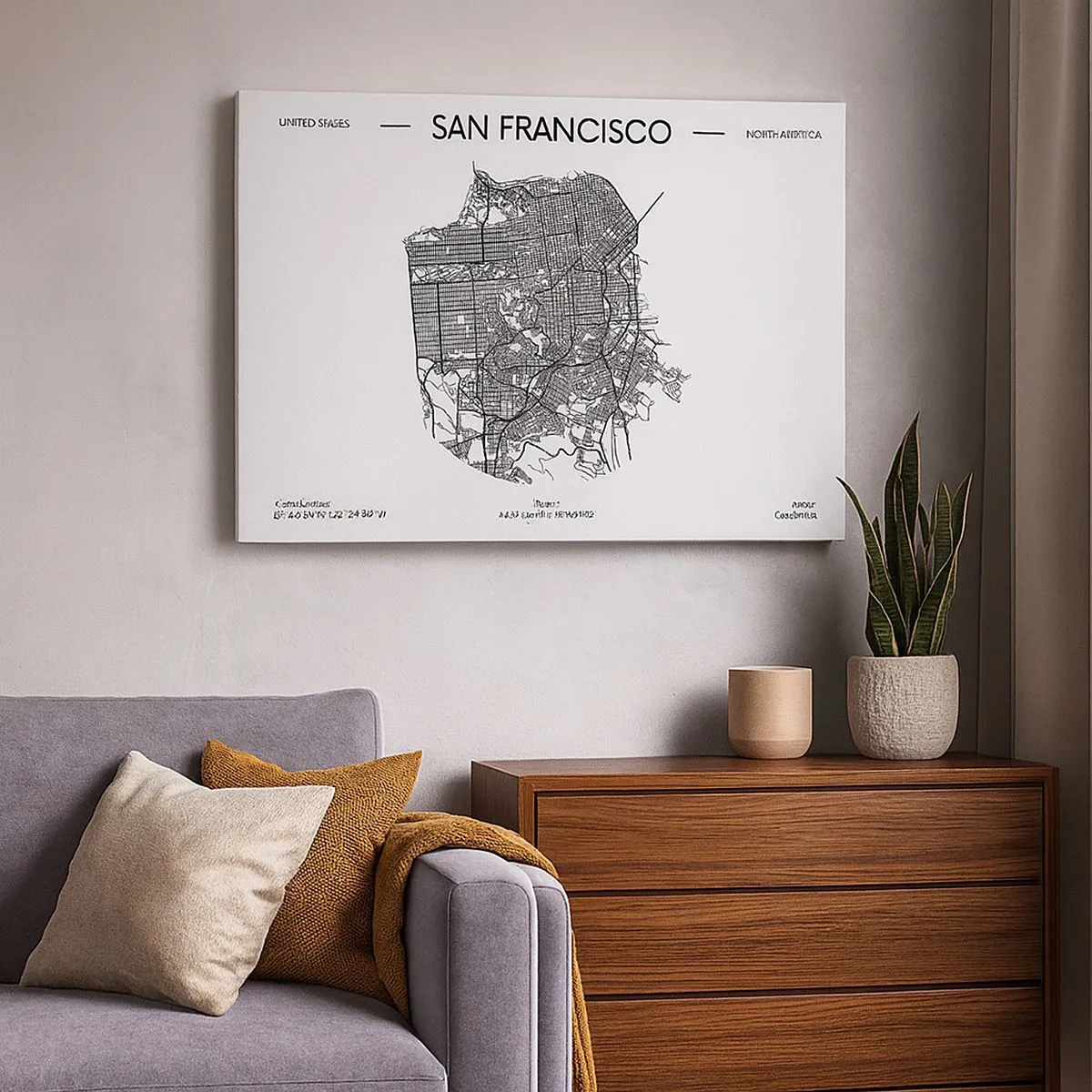 Cuadro sobre lienzo - Impresión de Imagen - Un mapa de San Francisco en un estilo minimalista en blanco y negro. - 70x50cm - Anatomía de San Francisco - Decoración de pared moderna para salón y dormitorio ARTTOR