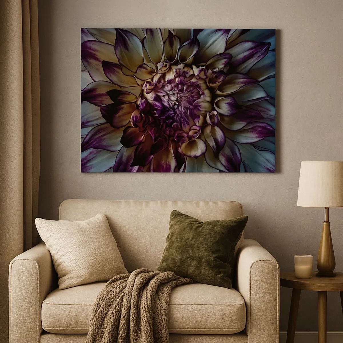 Cuadro sobre lienzo - Impresión de Imagen - Primer plano de una flor de dalia en tonos oscuros. - 70x50cm - El florecimiento de la hermosura - Decoración de pared moderna para salón y dormitorio ARTTOR