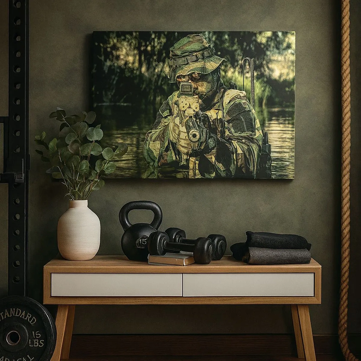 Cuadro sobre lienzo - Impresión de Imagen - Un soldado camuflado apunta a través del agua. - 70x50cm - El mejor de entre la élite - Decoración de pared moderna para salón y dormitorio ARTTOR