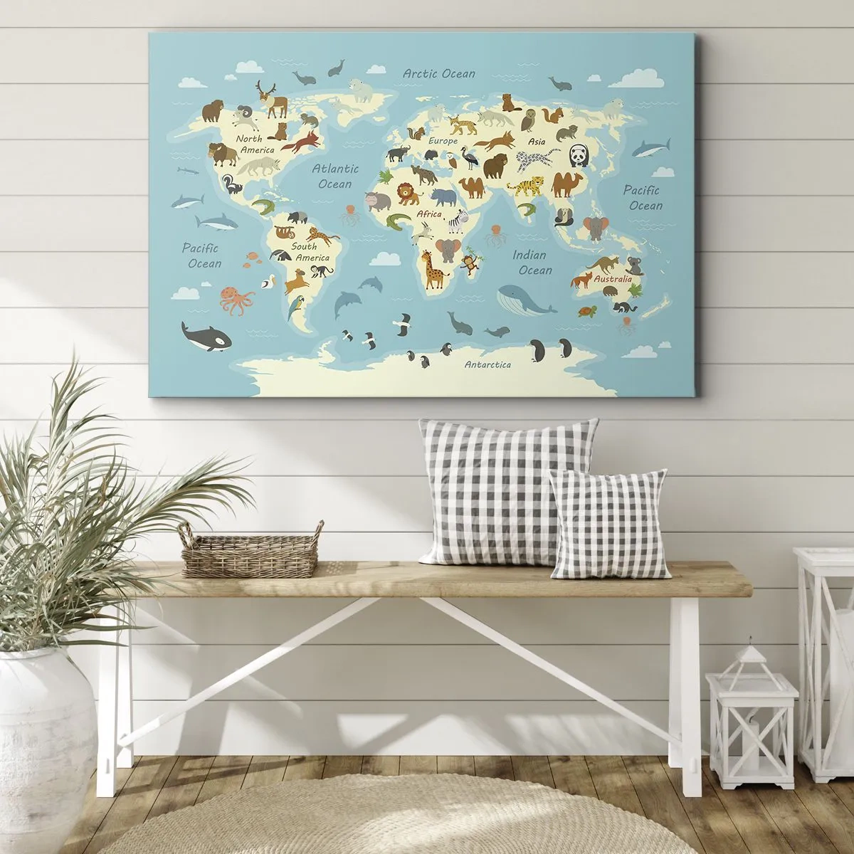 Cuadro sobre lienzo - Impresión de Imagen - Mapa del mundo con ilustraciones de animales - 70x50cm - Buenos vecinos - Decoración de pared moderna para salón y dormitorio ARTTOR