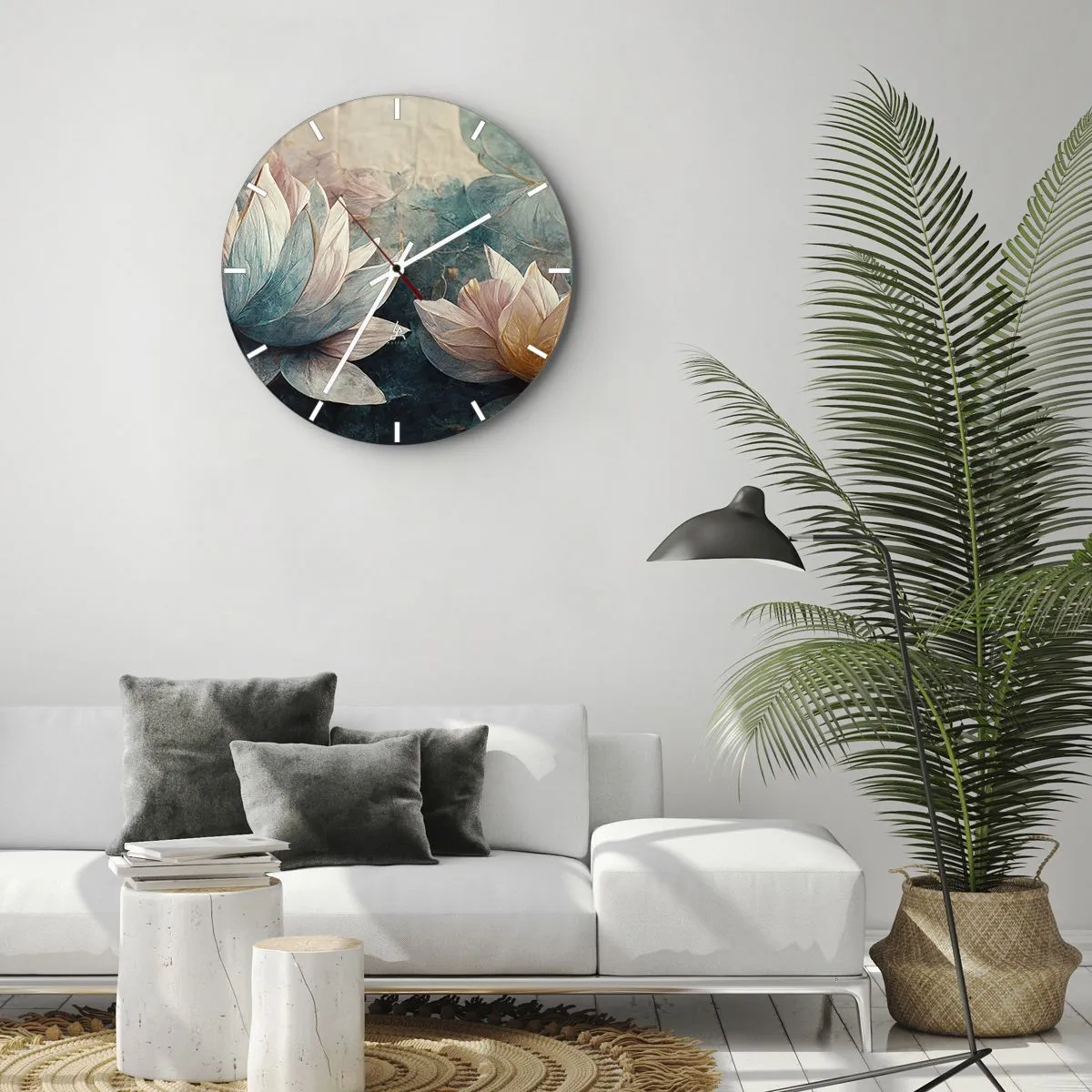 Reloj de pared - Reloj de vidrio - Flores de loto sobre el fondo de la superficie verde azulada del lago. - 30x30cm - Estrellas de lago - Decoración de pared moderna para salón, cocina y dormitorio ARTTOR