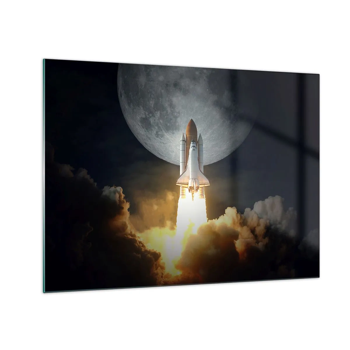 Cuadro sobre vidrio - Impresiones sobre Vidrio - Un lanzamiento de un cohete espacial con la luna y el cielo nocturno como telón de fondo. - 70x50cm - El comienzo de una aventura sobrenatural - Decoración de pared moderna para salón y dormitorio ARTTOR
