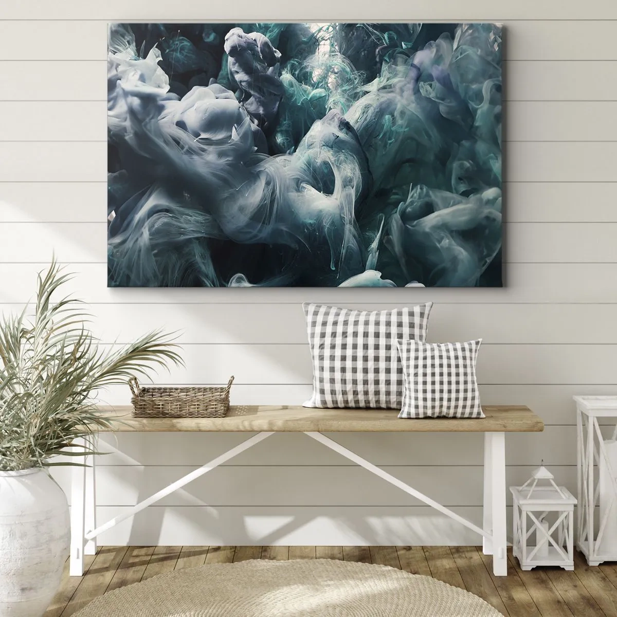 Cuadro sobre lienzo - Impresión de Imagen - Ondas abstractas dinámicas en tonos azules y blancos. - 70x50cm - Un movimiento de color - Decoración de pared moderna para salón y dormitorio ARTTOR