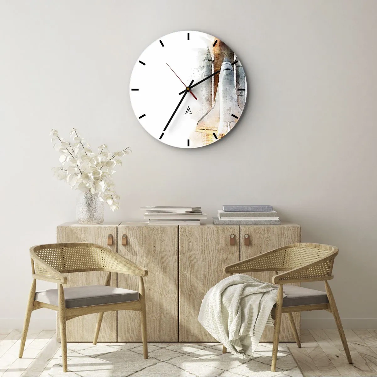 Reloj de pared - Reloj de vidrio - Lanzamiento de cohete en estilo acuarela sobre un fondo blanco - 30x30cm - El comienzo de la exploración - Decoración de pared moderna para salón, cocina y dormitorio ARTTOR