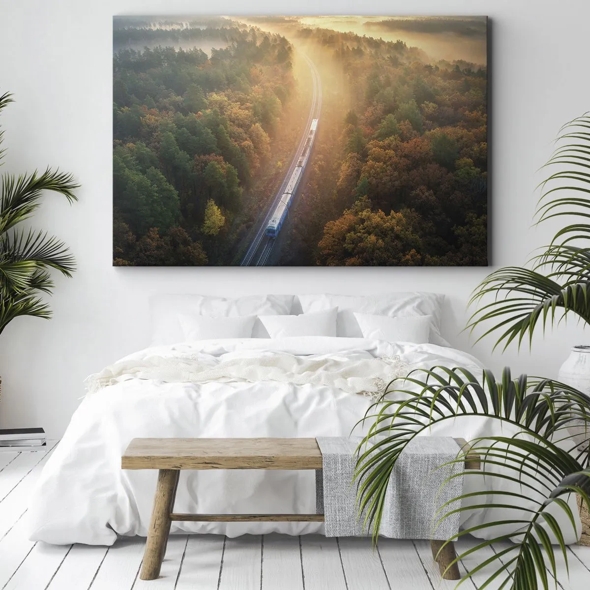Cuadro sobre lienzo - Impresión de Imagen - Un tren en un bosque otoñal al amanecer. - 70x50cm - Un viaje otoñal - Decoración de pared moderna para salón y dormitorio ARTTOR