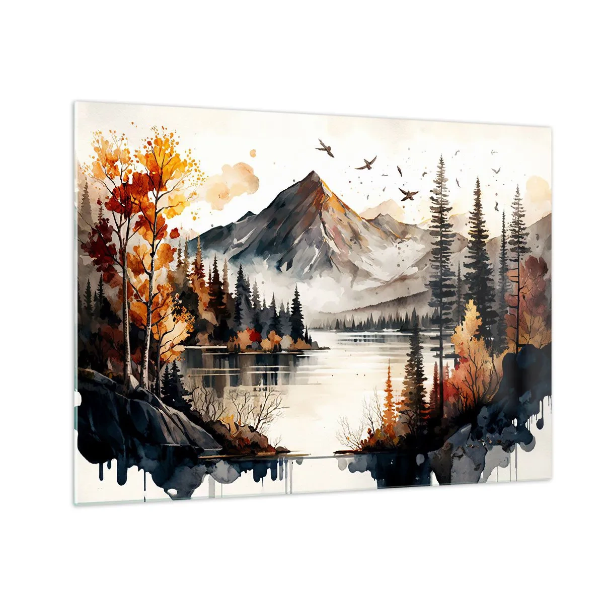 Cuadro sobre vidrio - Impresiones sobre Vidrio - Paisaje otoñal de montaña con lago y bosque - 70x50cm - Otoño dorado en las montañas - Decoración de pared moderna para salón y dormitorio ARTTOR