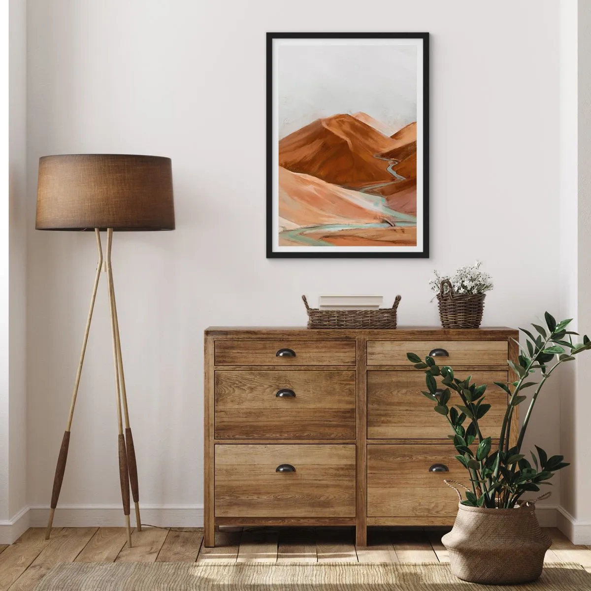 Póster en marco negro - Un río que fluye a través de montañas marrones, un paisaje estilizado. - 50x70cm - Ruta hacia la fuente - Decoración de pared moderna para salón y dormitorio ARTTOR