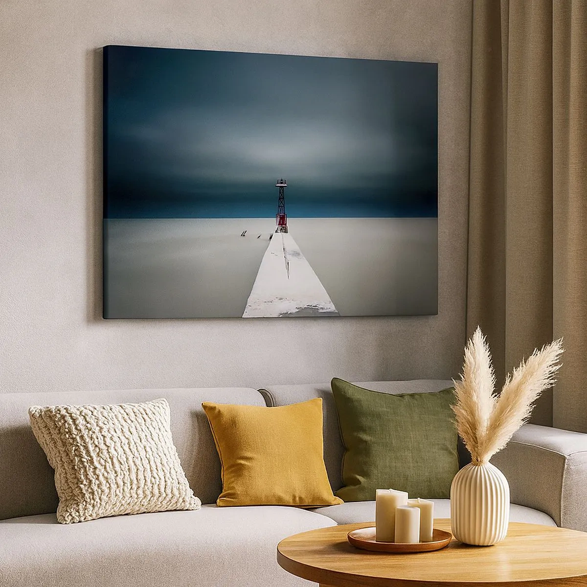 Cuadro sobre lienzo - Impresión de Imagen - Un faro al final de un muelle de hormigón en un paisaje desolado - 70x50cm - Encuentro con la inmensidad - Decoración de pared moderna para salón y dormitorio ARTTOR