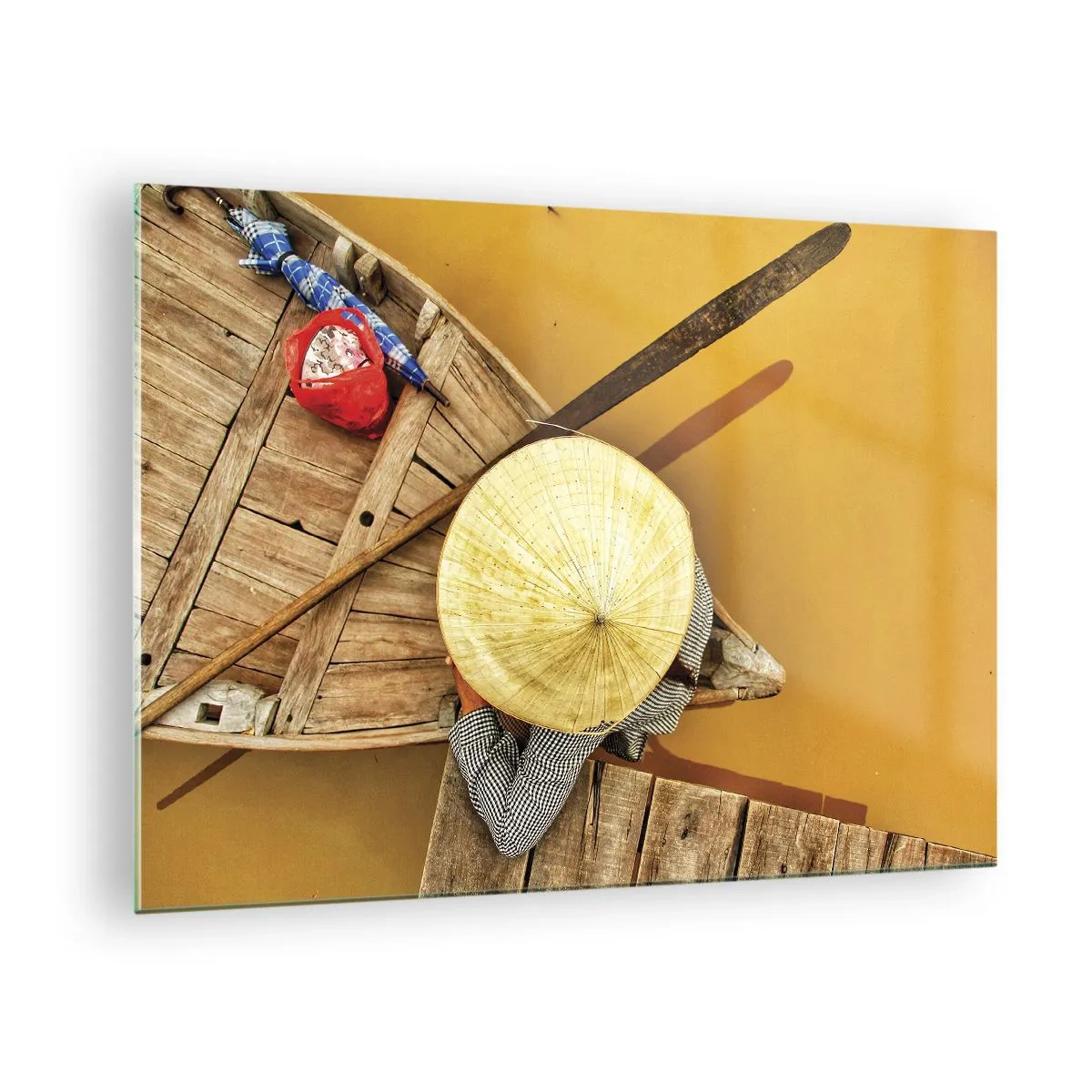 Cuadro sobre vidrio - Impresiones sobre Vidrio - Vista superior de un barco y una persona con un sombrero cónico. - 70x50cm - La vida en el río amarillo - Decoración de pared moderna para salón y dormitorio ARTTOR