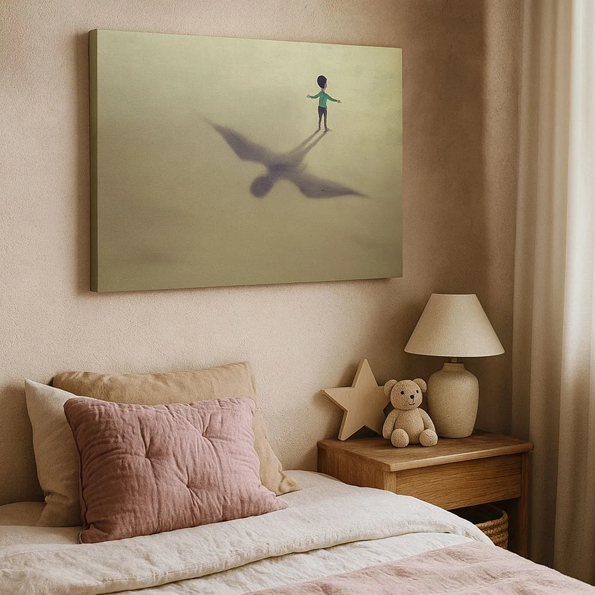 Cuadro sobre lienzo - Impresión de Imagen - Una figura simbólica de un niño con la sombra de un pájaro sobre un fondo de tonos cálidos. - 70x50cm - Héroe del futuro - Decoración de pared moderna para salón y dormitorio ARTTOR