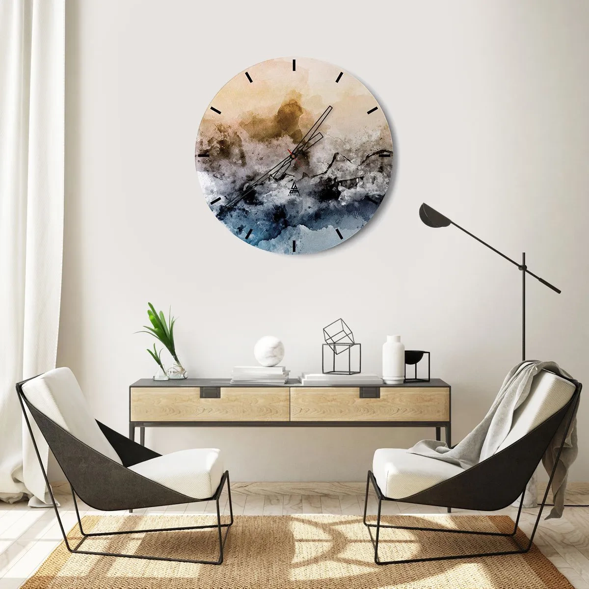 Reloj de pared - Reloj de vidrio - Un paisaje abstracto en tonos de niebla, marrón y azul. - 30x30cm - Hundido en una nube de niebla - Decoración de pared moderna para salón, cocina y dormitorio ARTTOR
