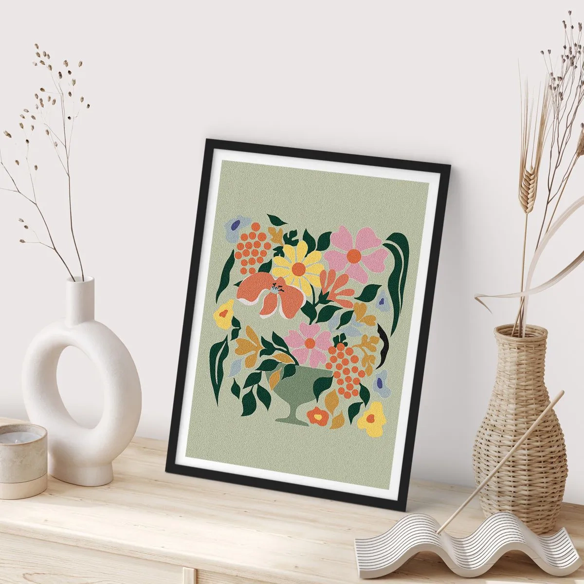 Póster en marco negro - Un arreglo floral colorido en un jarrón decorativo sobre un fondo verde. - 50x70cm - Un ramo rebosante de vida - Decoración de pared moderna para salón y dormitorio ARTTOR