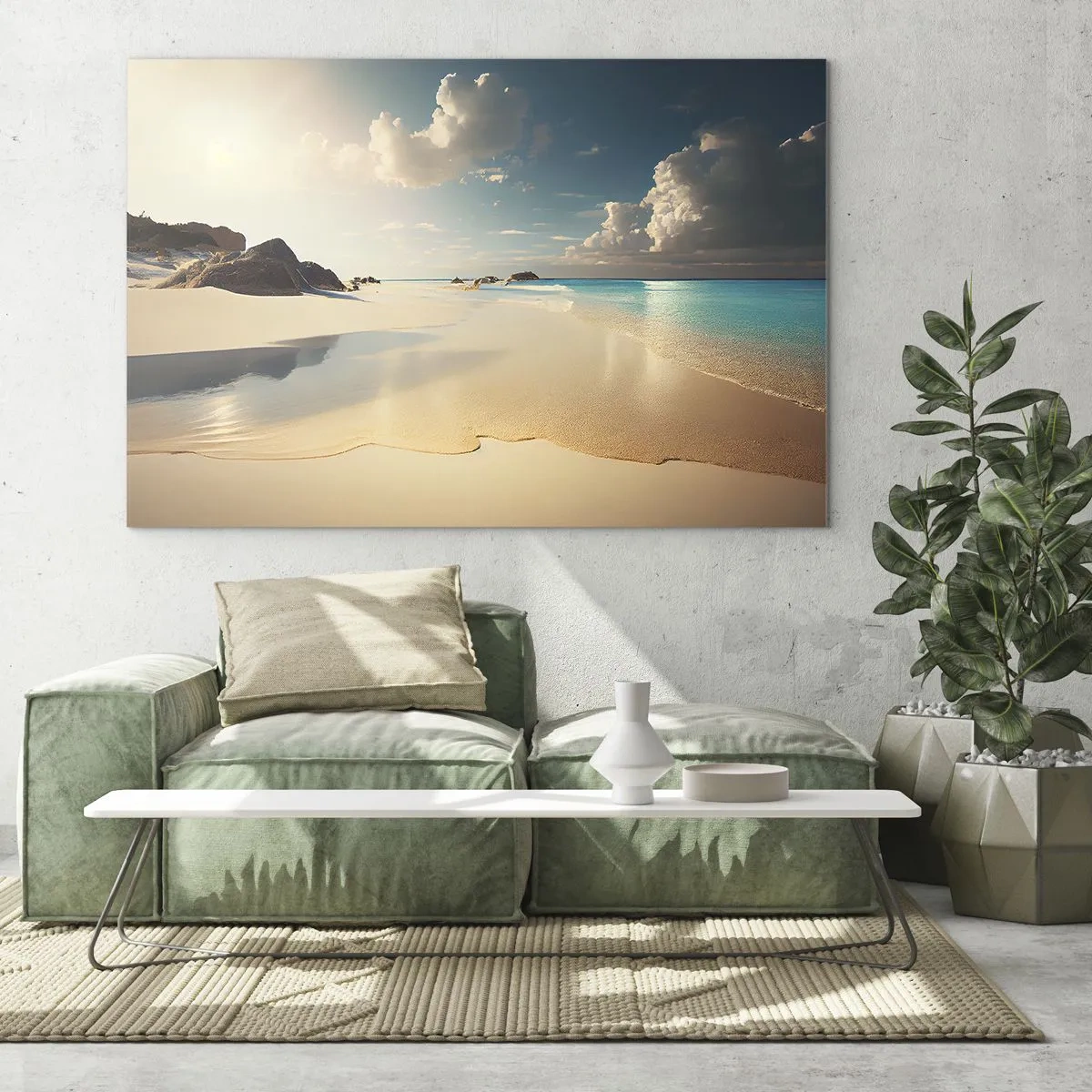 Cuadro sobre vidrio - Impresiones sobre Vidrio - Playa dorada y mar turquesa a la luz del sol de la mañana. - 70x50cm - Un día de ensueño - Decoración de pared moderna para salón y dormitorio ARTTOR