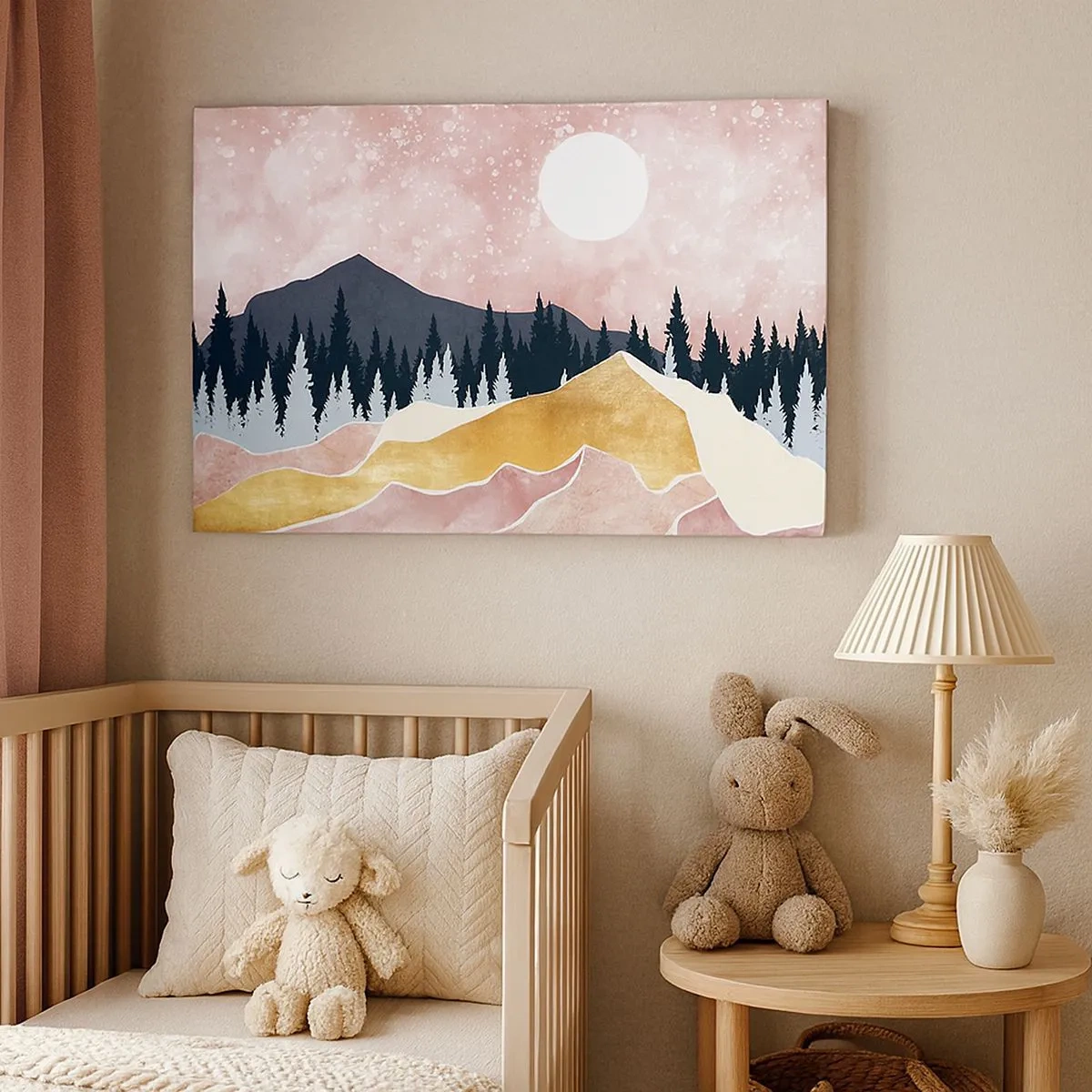 Cuadro sobre lienzo - Impresión de Imagen - Montañas coloridas contra un cielo rosado con una luna - 70x50cm - Vigilancia nocturna - Decoración de pared moderna para salón y dormitorio ARTTOR