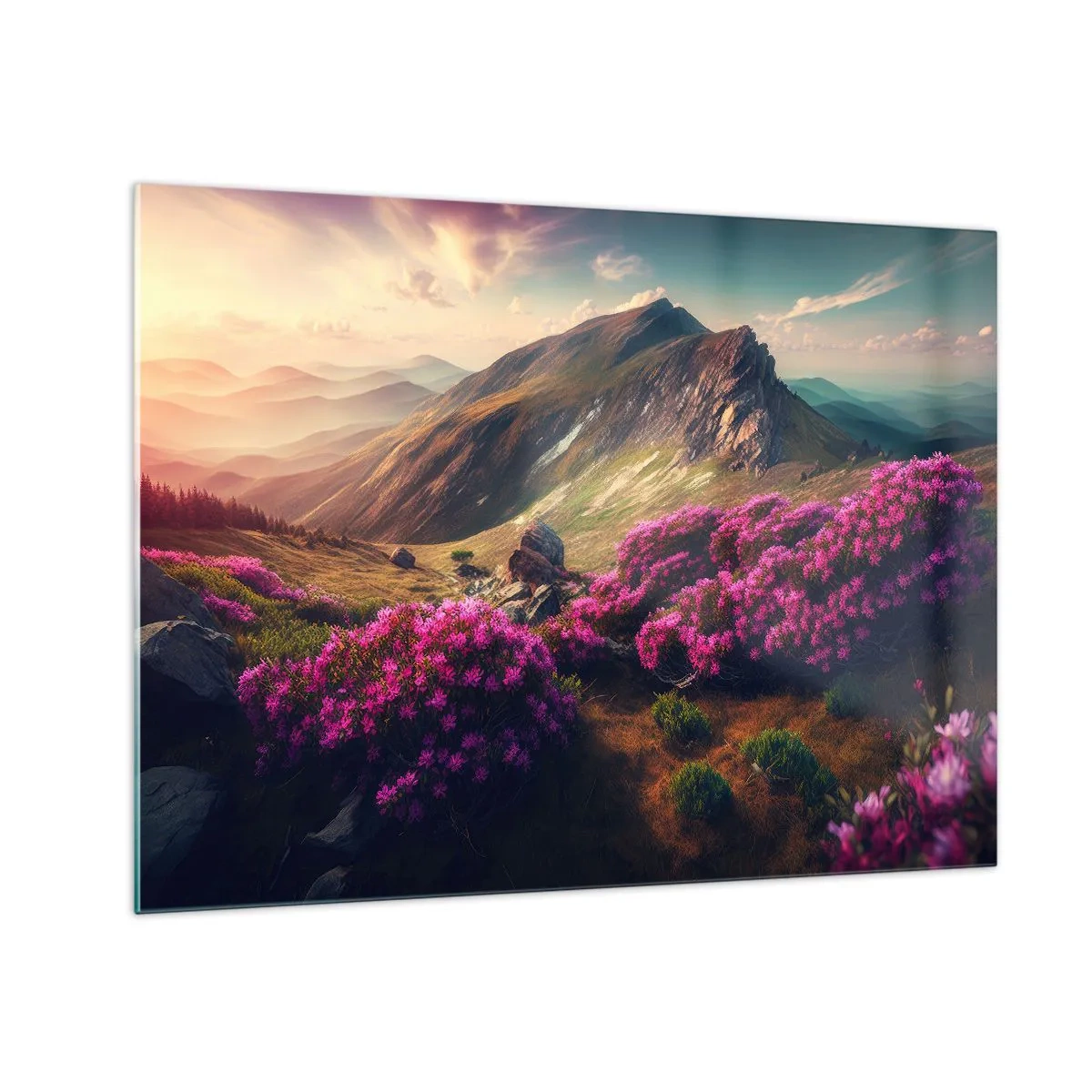 Cuadro sobre vidrio - Impresiones sobre Vidrio - Paisaje de montaña de verano con brezos rosados en flor - 70x50cm - Verano en las montañas - Decoración de pared moderna para salón y dormitorio ARTTOR