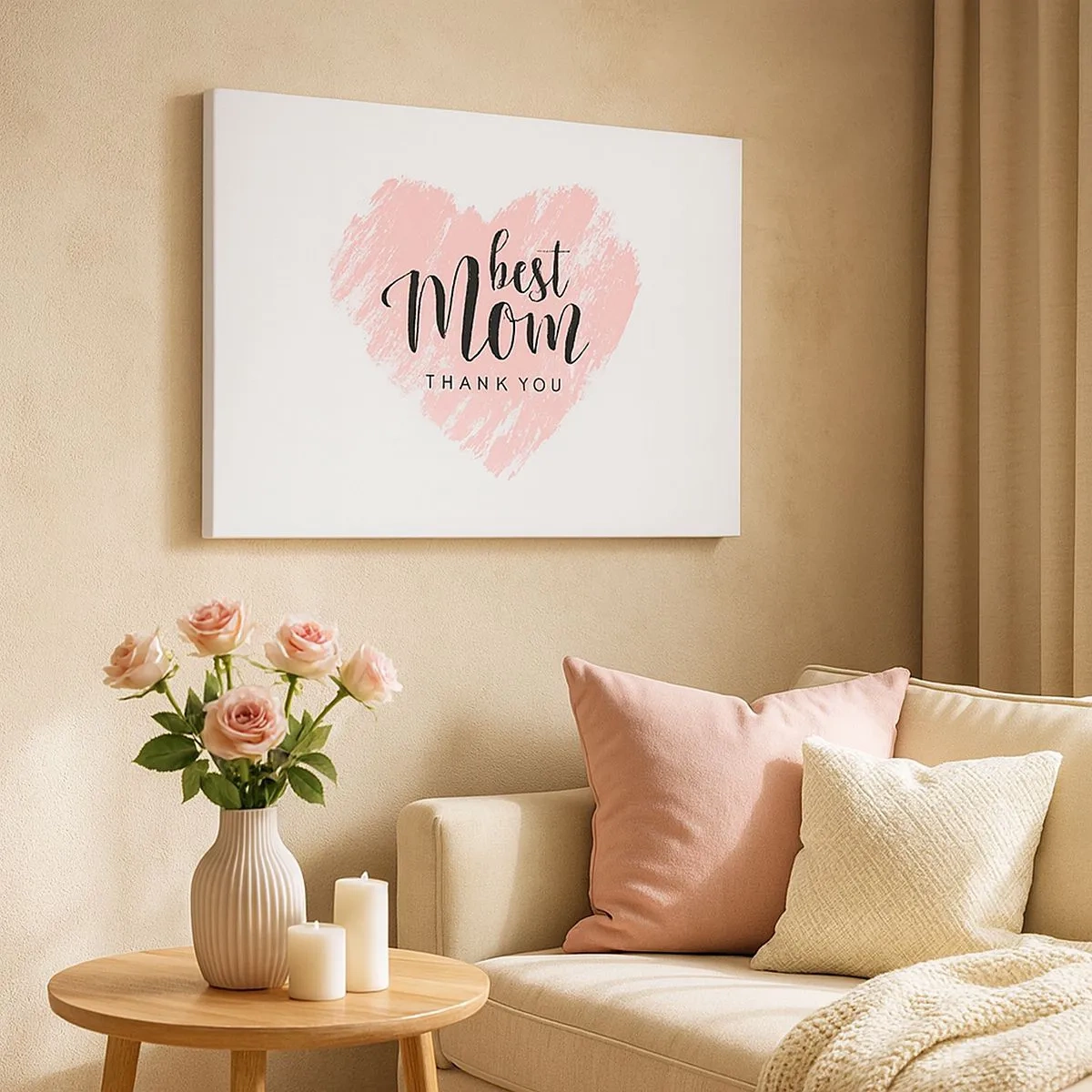 Cuadro sobre lienzo - Impresión de Imagen - Corazón rosa con la frase "Gracias, mejor mamá" sobre fondo blanco. - 70x50cm - En cualquier momento de tu vida - Decoración de pared moderna para salón y dormitorio ARTTOR
