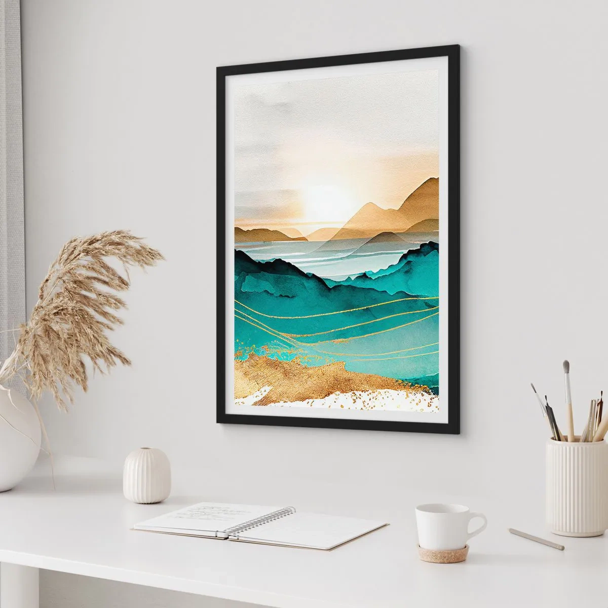 Póster en marco negro - Un pintoresco paisaje montañoso en tonos turquesa y dorado. - 50x70cm - Al borde de la abstracción - paisaje - Decoración de pared moderna para salón y dormitorio ARTTOR
